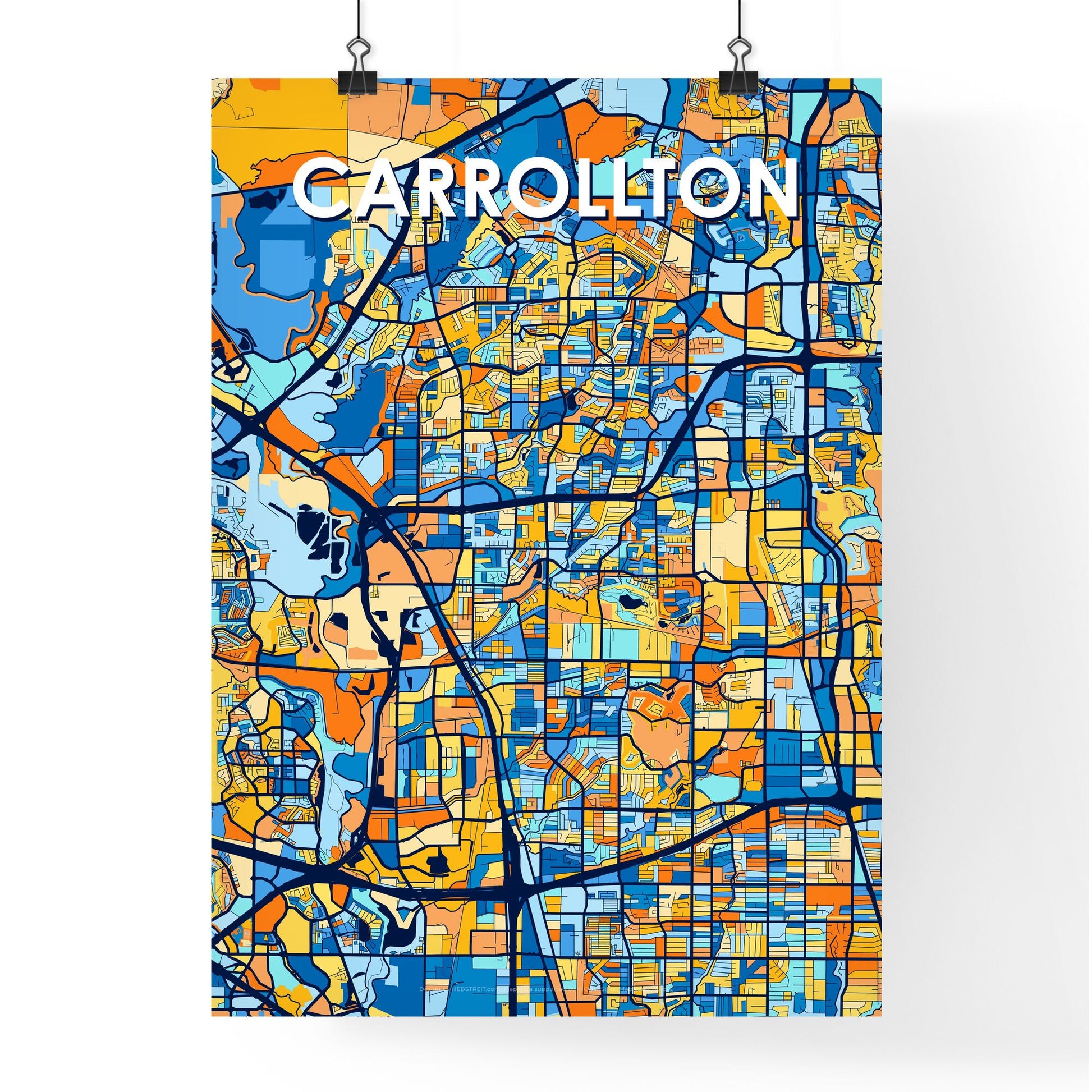 CARROLLTON TEXAS Vibrant Colorful Art Map Poster Blue Orange