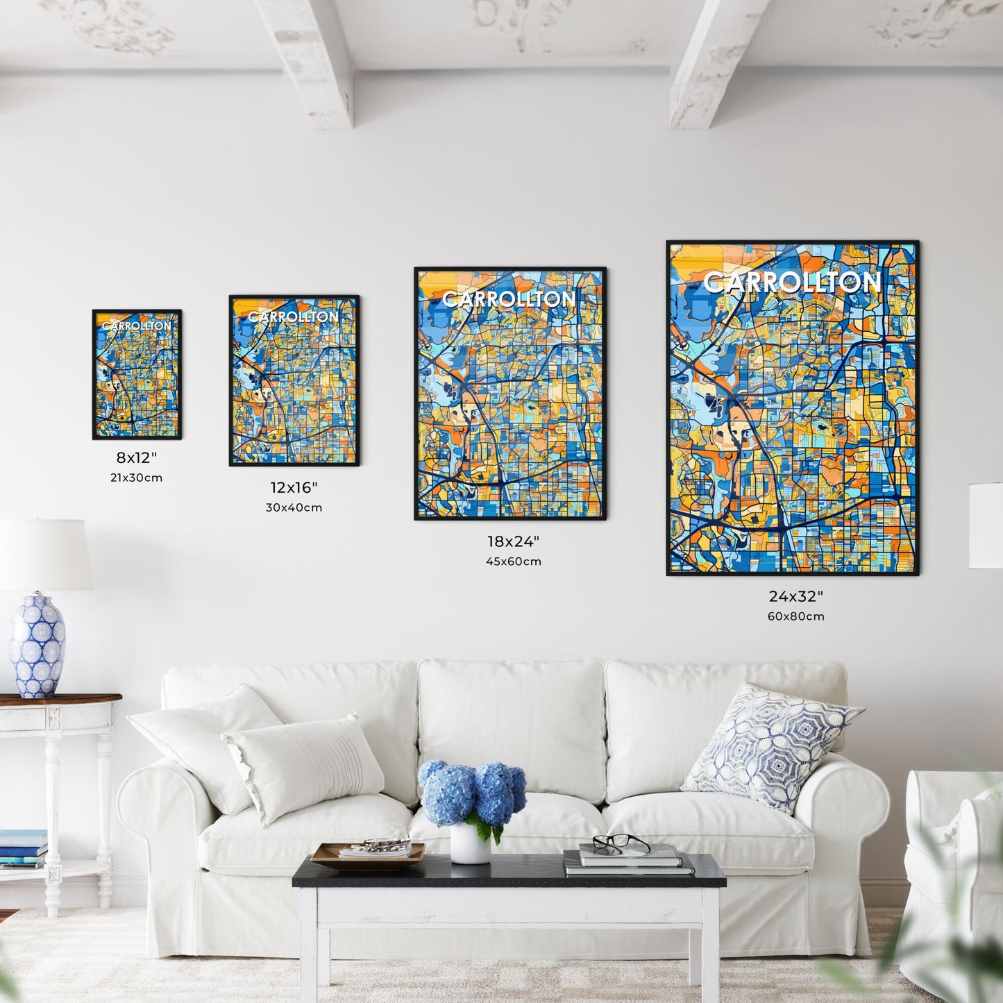 CARROLLTON TEXAS Vibrant Colorful Art Map Poster Blue Orange