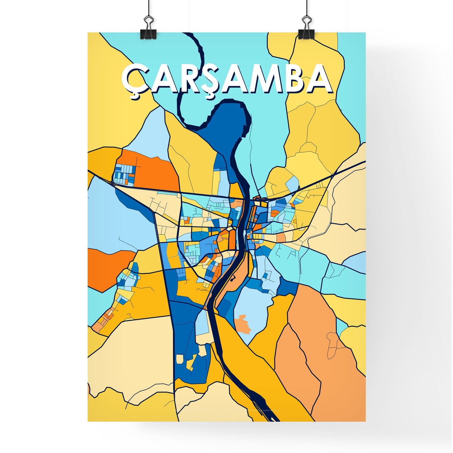 ÇARŞAMBA TURKEY Vibrant Colorful Art Map Poster Blue Orange