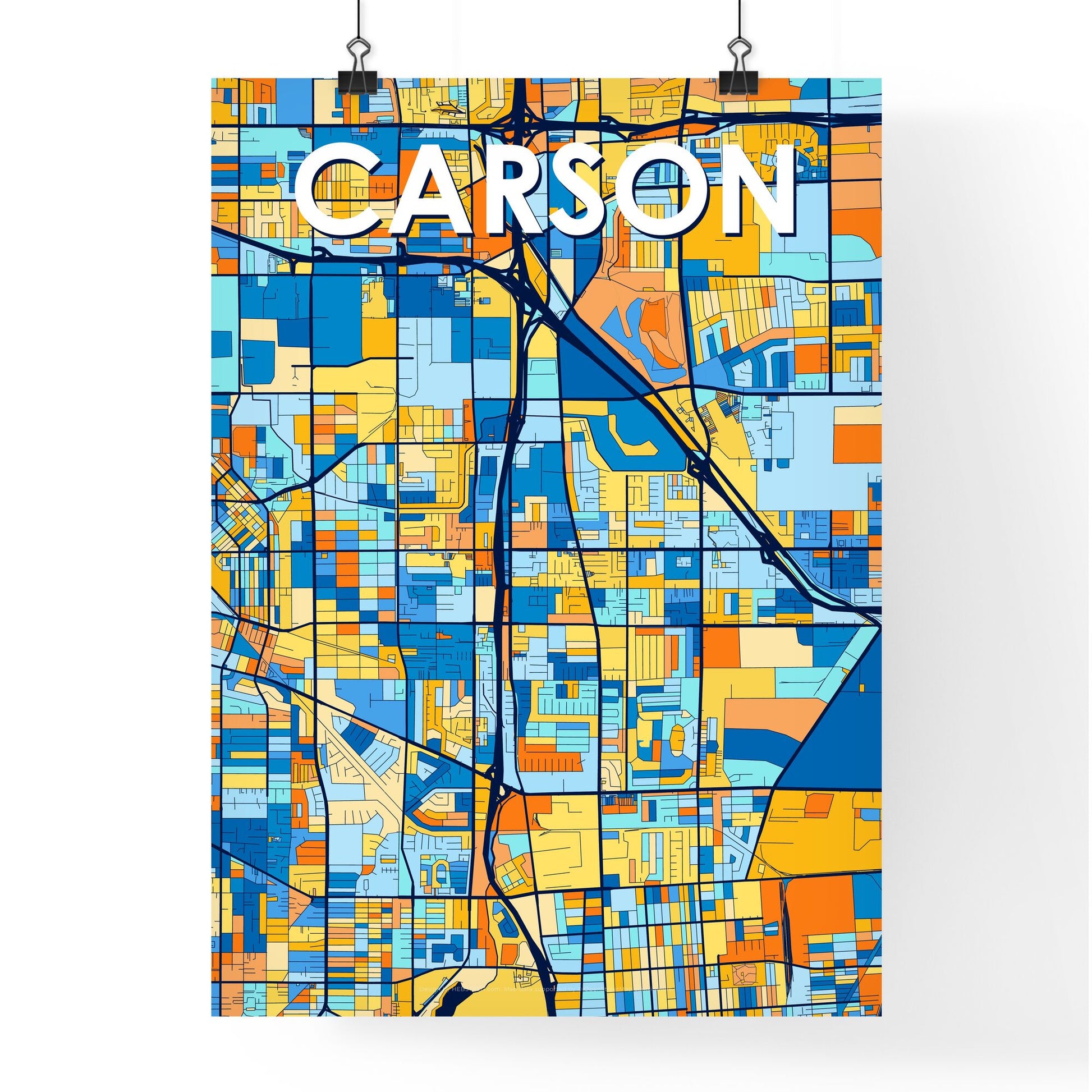 CARSON CALIFORNIA Vibrant Colorful Art Map Poster Blue Orange