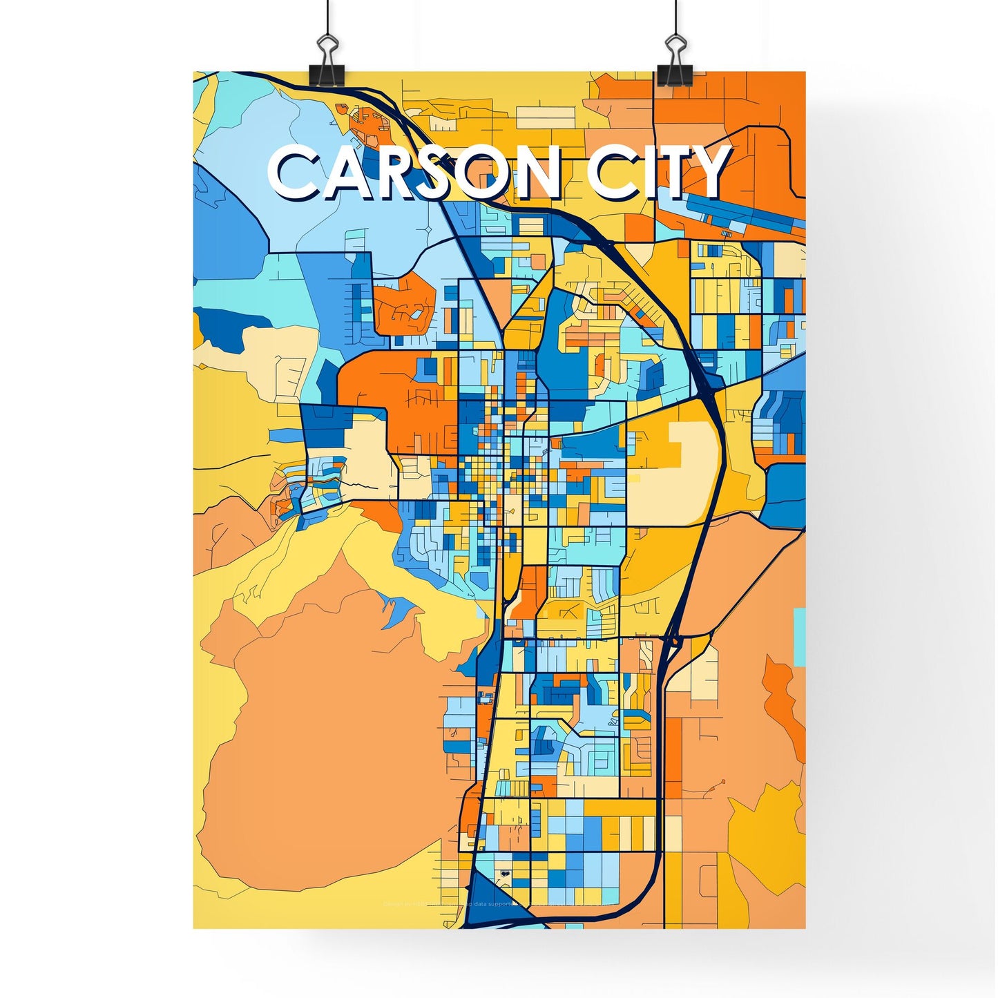 CARSON CITY NEVADA Vibrant Colorful Art Map Poster Blue Orange