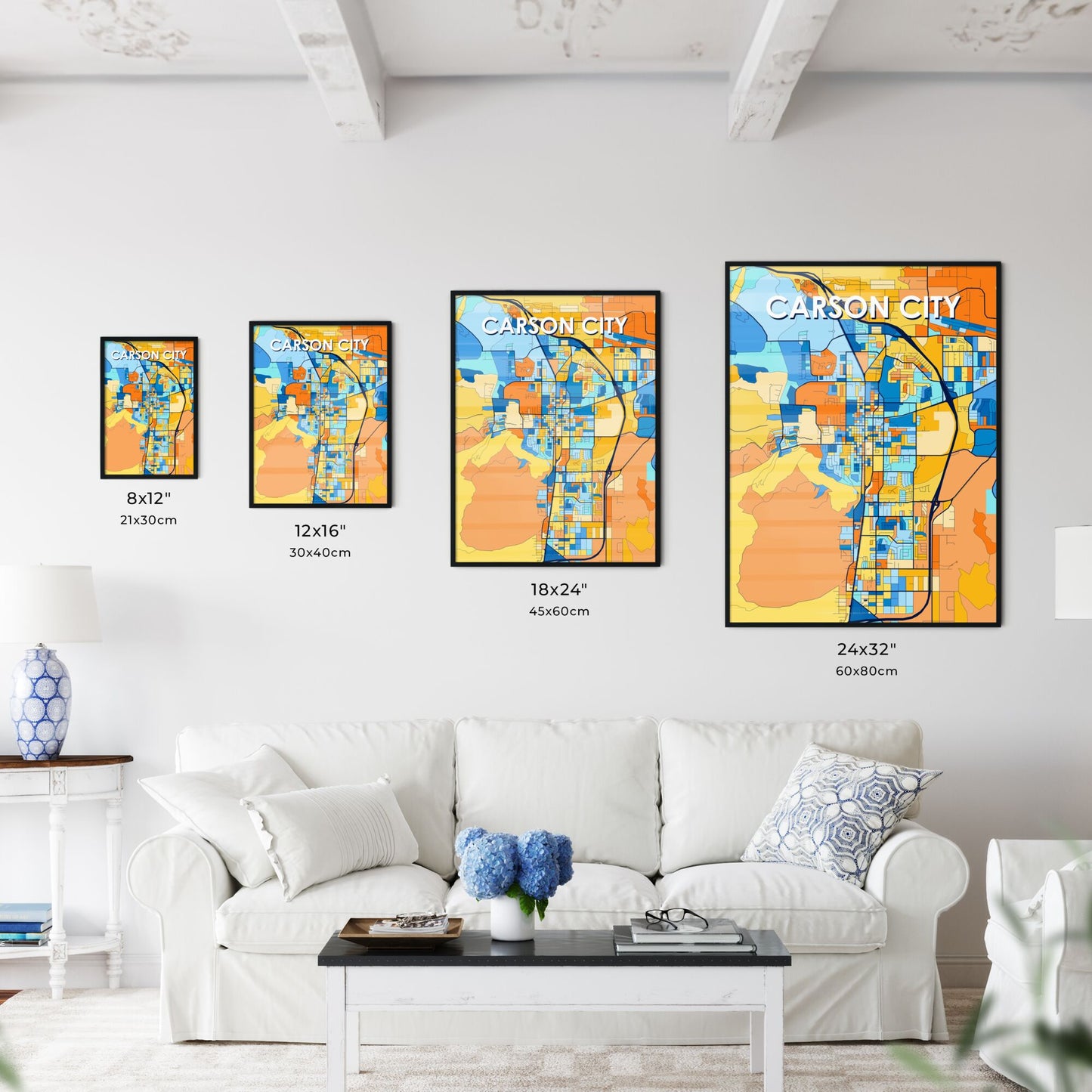 CARSON CITY NEVADA Vibrant Colorful Art Map Poster Blue Orange