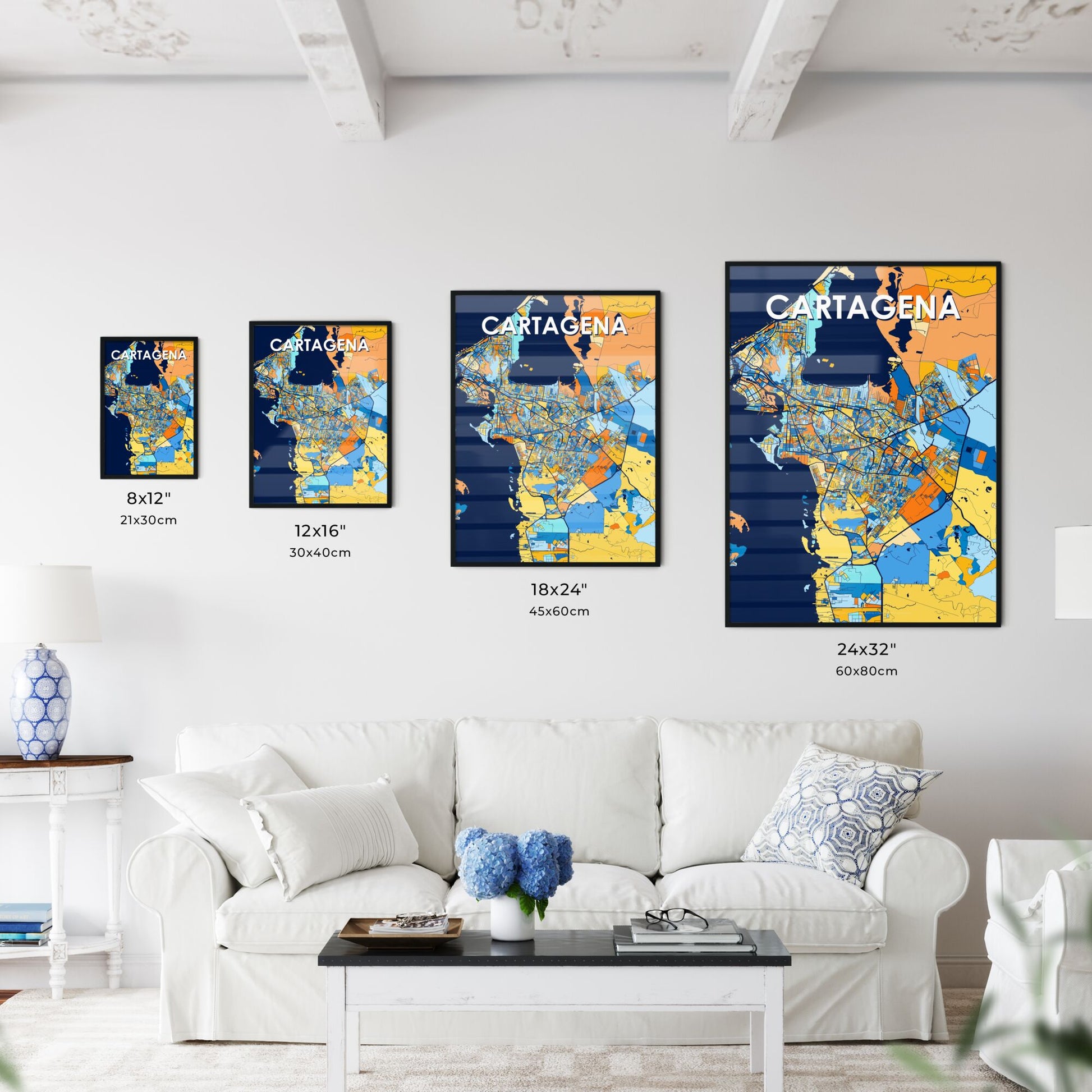 CARTAGENA COLOMBIA Vibrant Colorful Art Map Poster Blue Orange