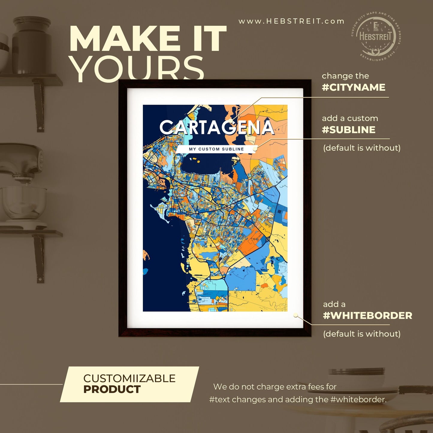 CARTAGENA COLOMBIA Vibrant Colorful Art Map Poster Blue Orange