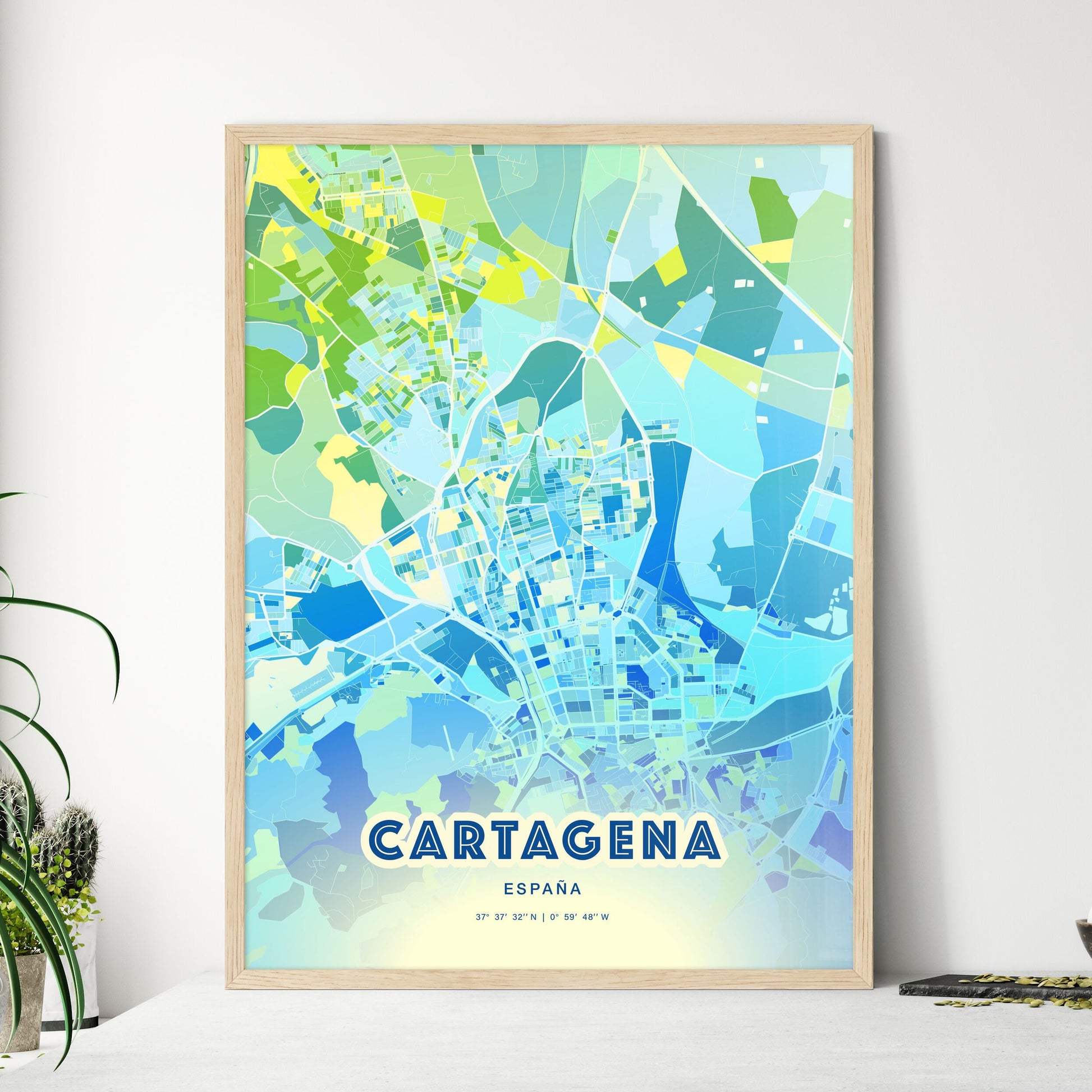 Colorful Cartagena Spain Fine Art Map Cool Blue