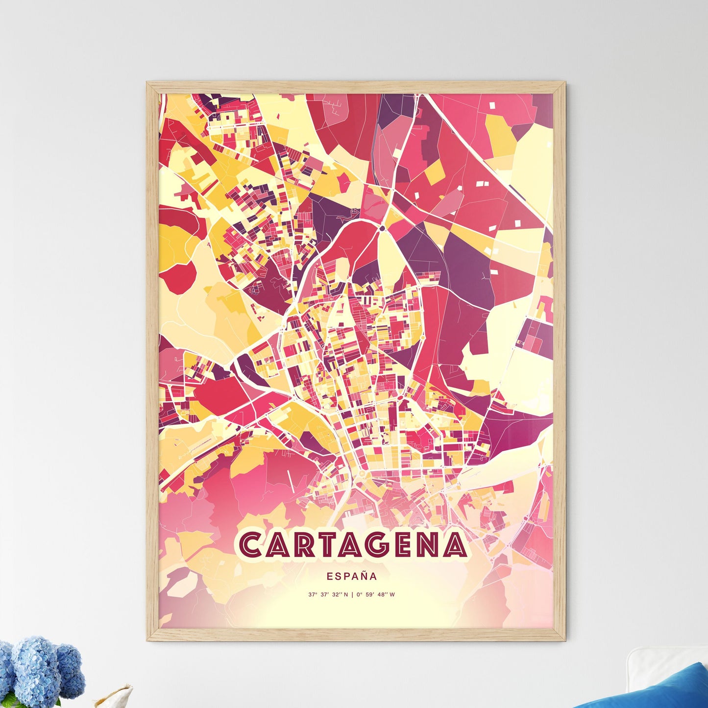 Colorful Cartagena Spain Fine Art Map Hot Red