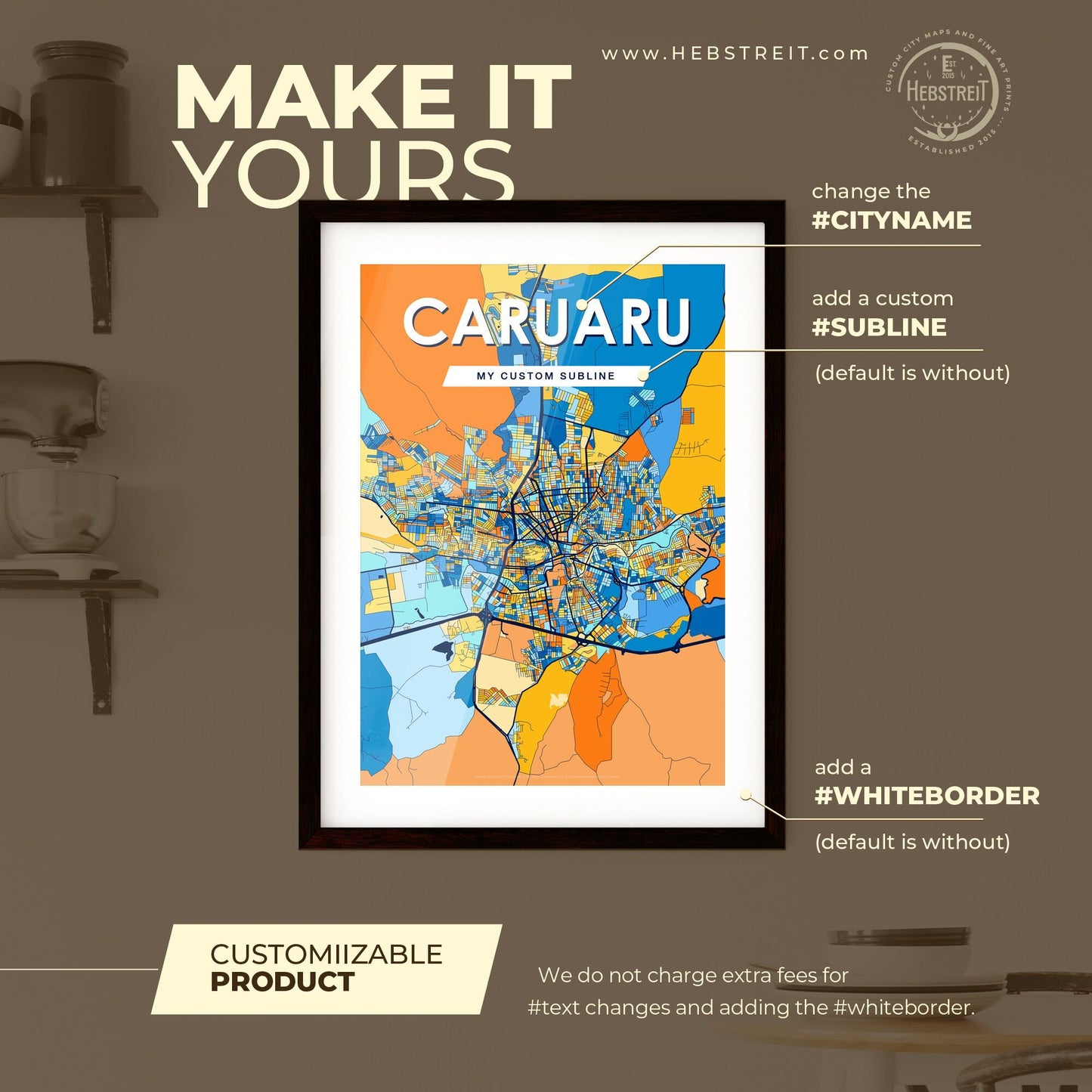 CARUARU BRAZIL Vibrant Colorful Art Map Poster Blue Orange