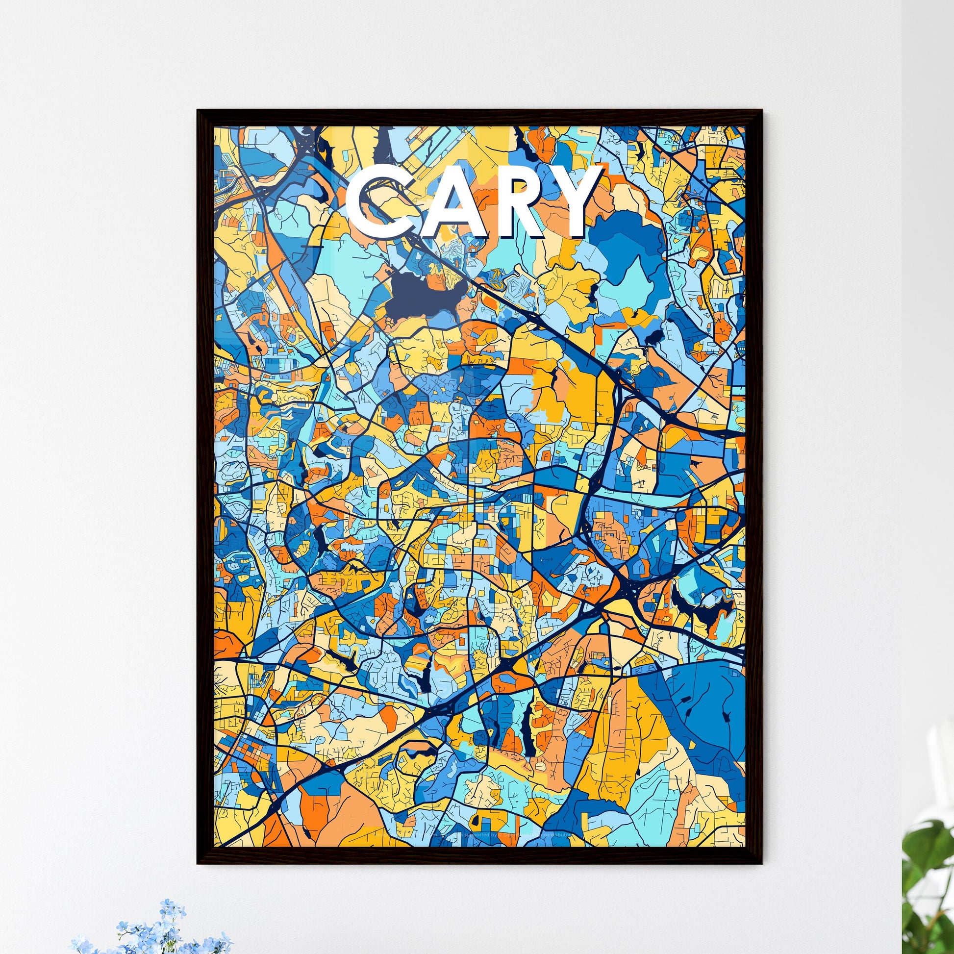 CARY NORTH CAROLINA Vibrant Colorful Art Map Poster Blue Orange