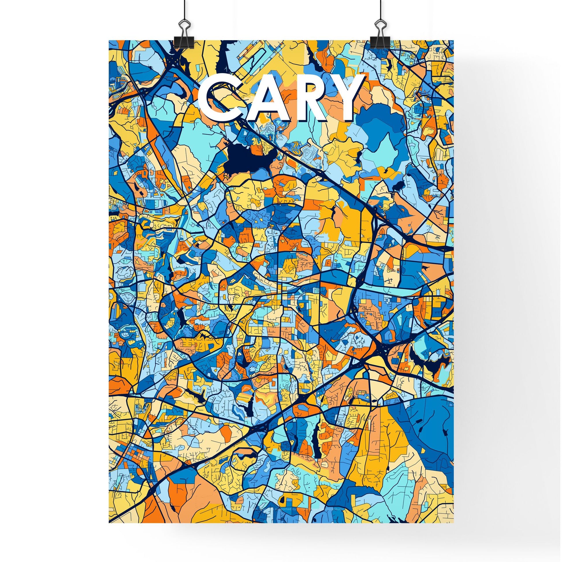 CARY NORTH CAROLINA Vibrant Colorful Art Map Poster Blue Orange