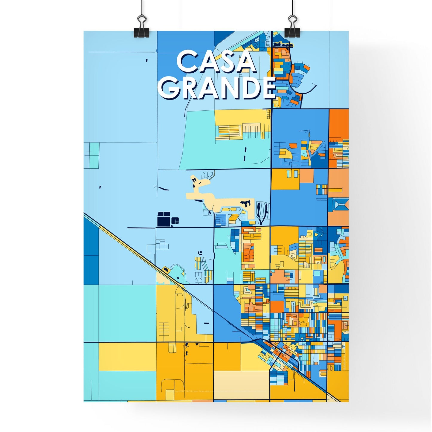 CASA GRANDE ARIZONA Vibrant Colorful Art Map Poster Blue Orange