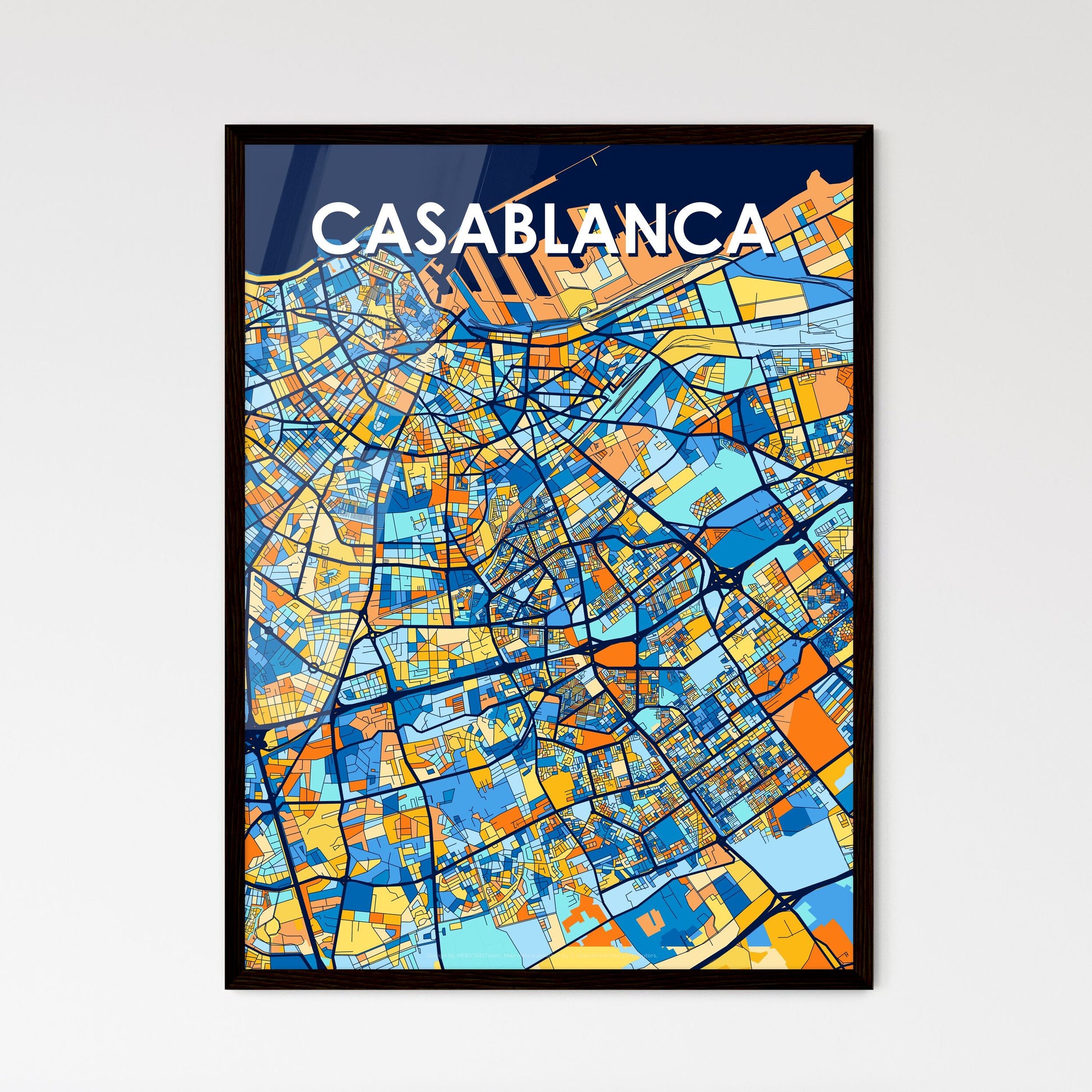 CASABLANCA MOROCCO Vibrant Colorful Art Map Poster Blue Orange