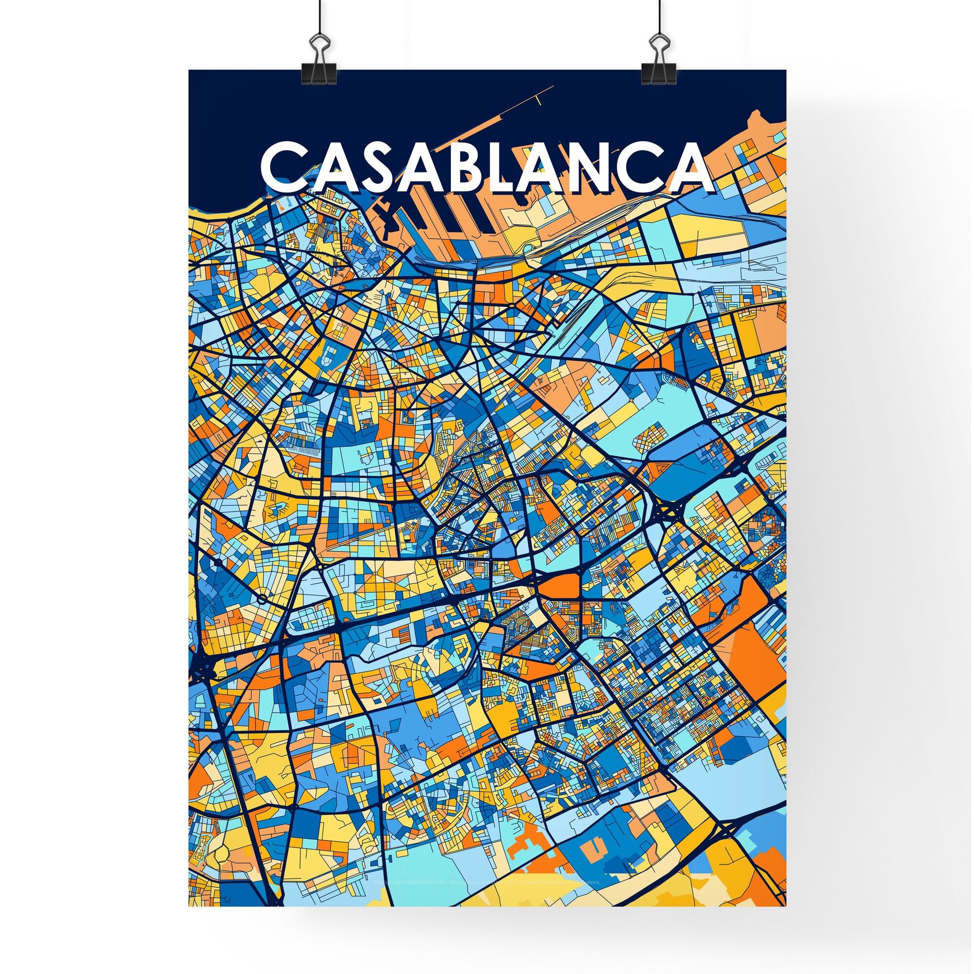 CASABLANCA MOROCCO Vibrant Colorful Art Map Poster Blue Orange