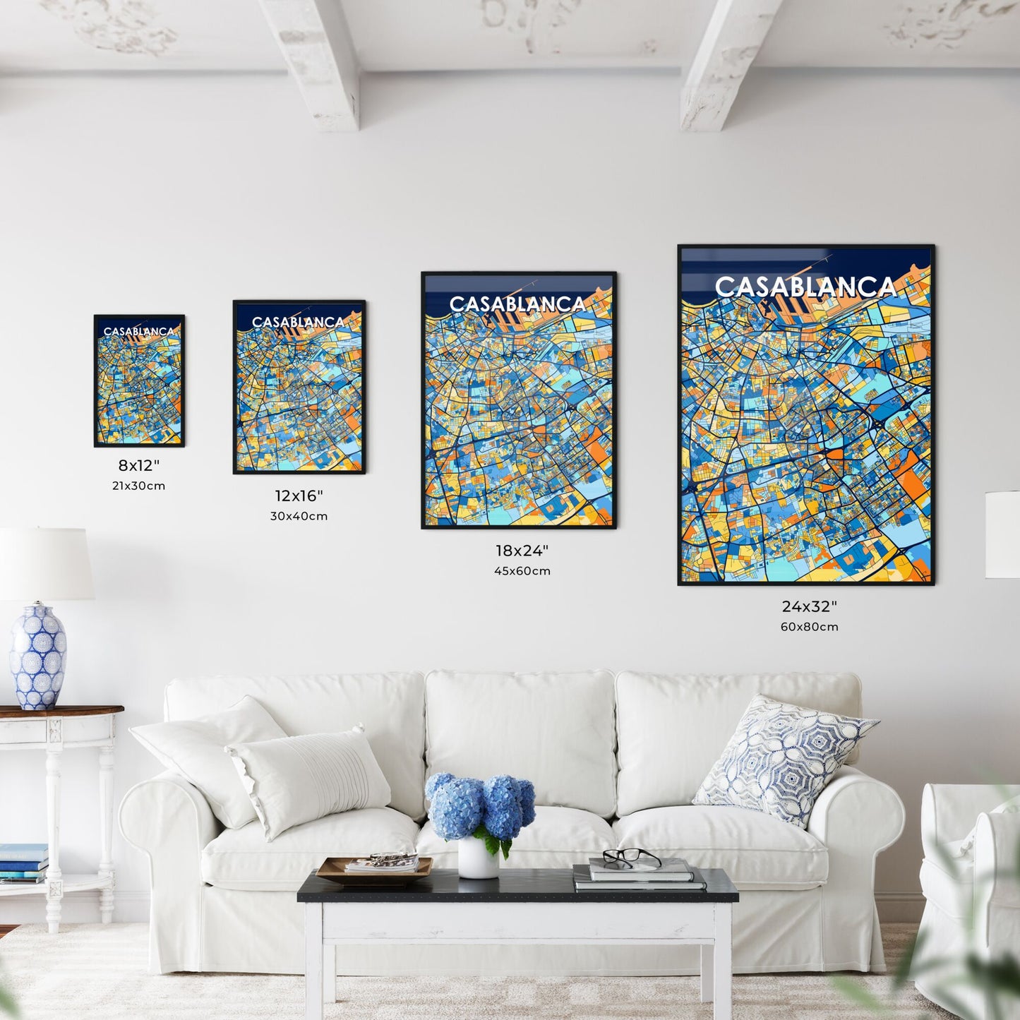 CASABLANCA MOROCCO Vibrant Colorful Art Map Poster Blue Orange