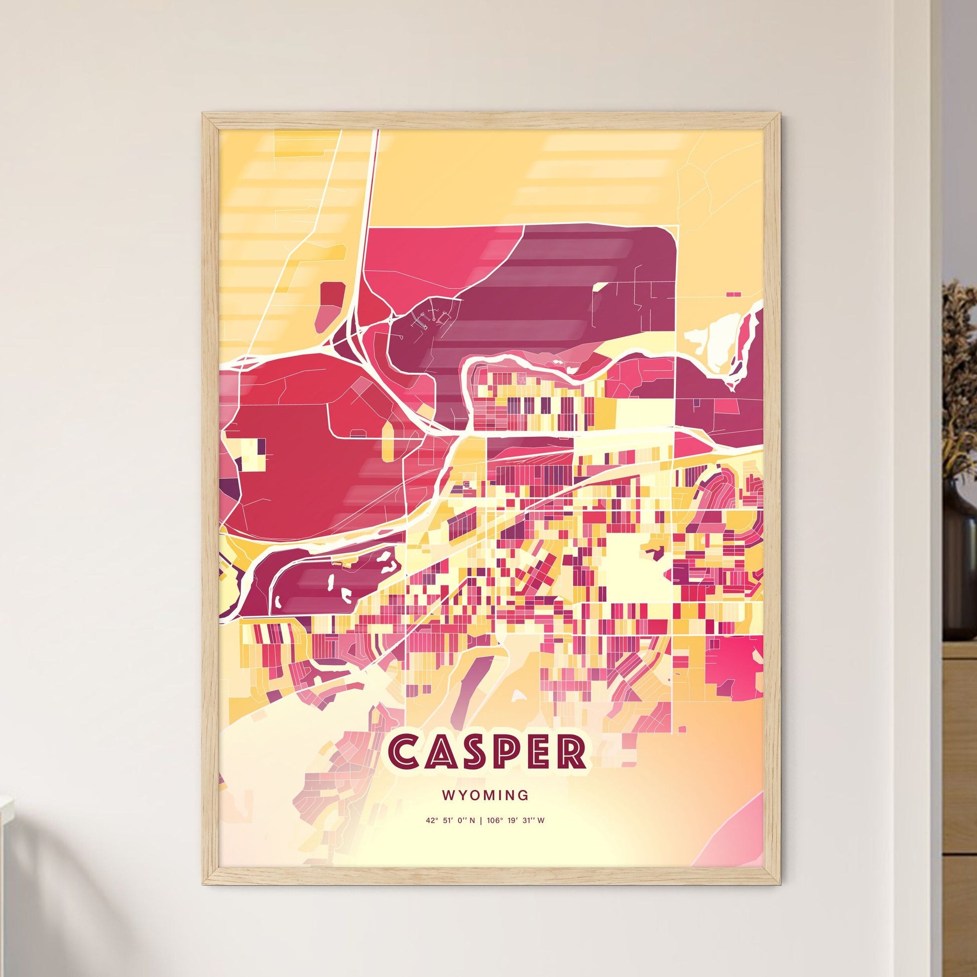 Colorful Casper Wyoming Fine Art Map Hot Red