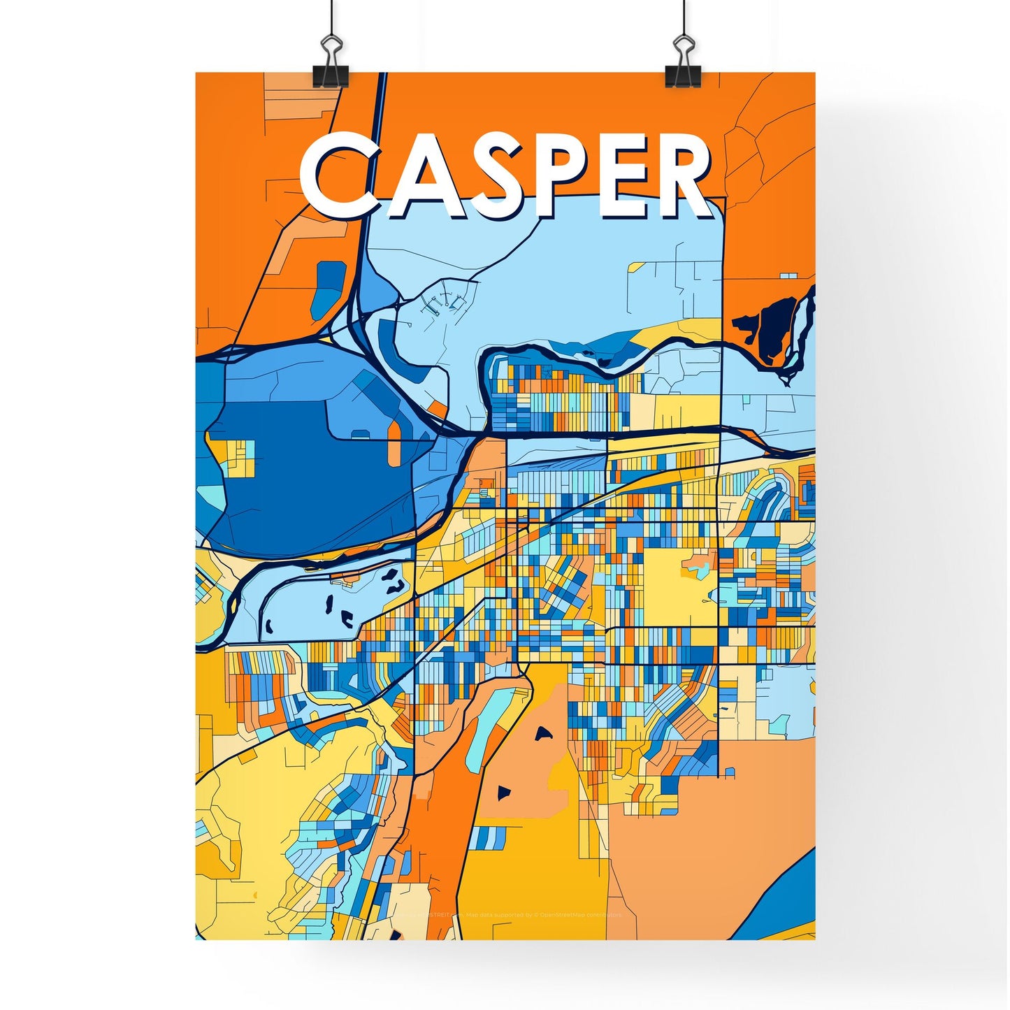 CASPER WYOMING Vibrant Colorful Art Map Poster Blue Orange