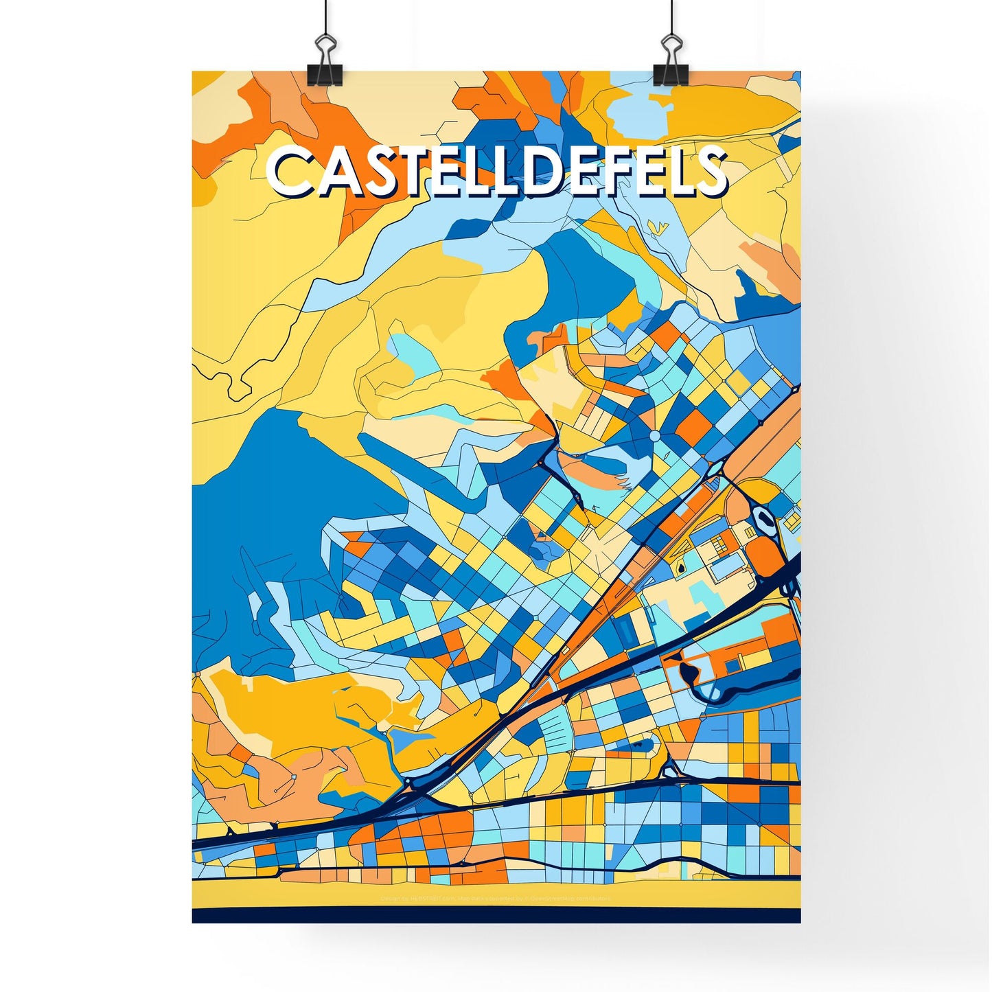 CASTELLDEFELS SPAIN Vibrant Colorful Art Map Poster Blue Orange