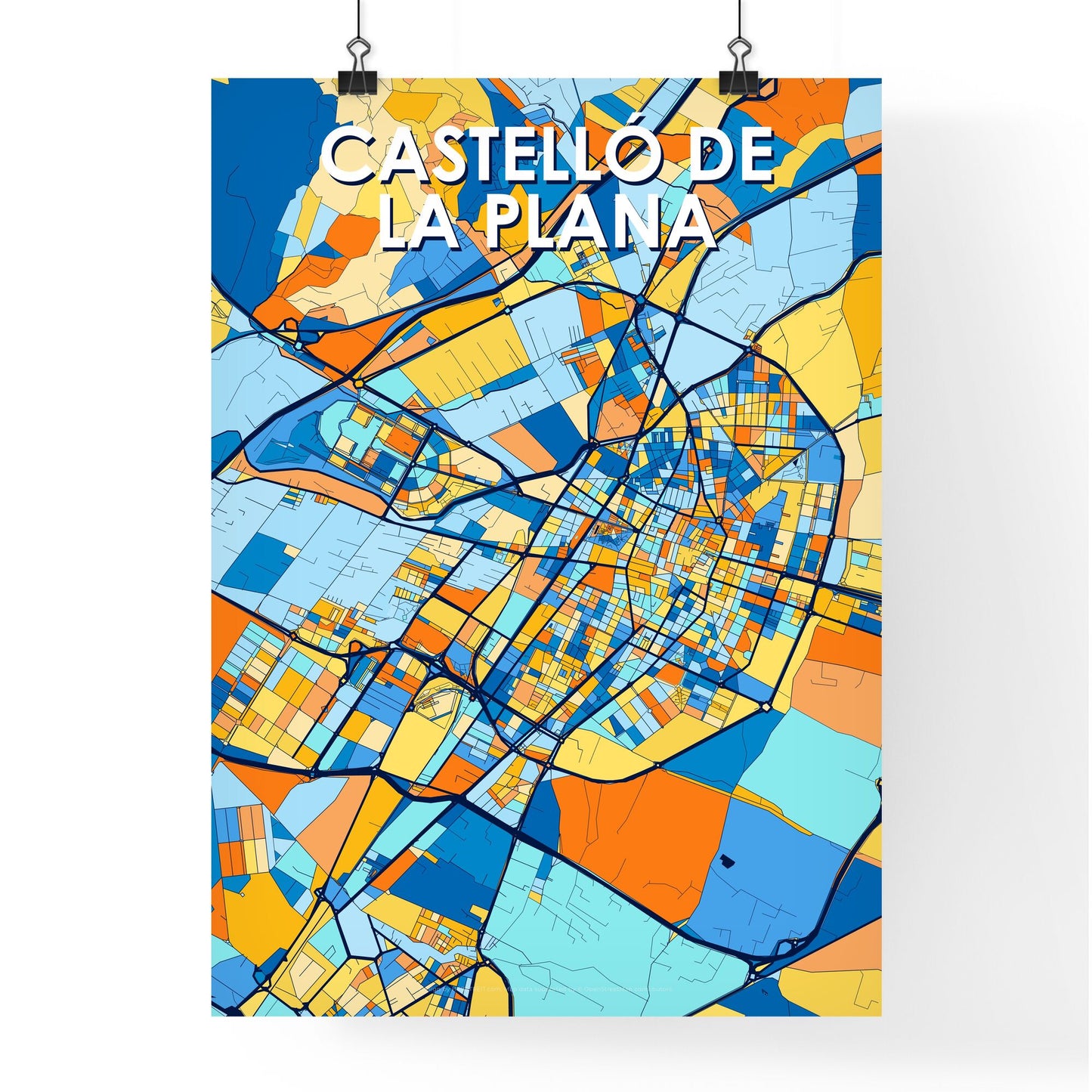 CASTELLÓ DE LA PLANA SPAIN Vibrant Colorful Art Map Poster Blue Orange