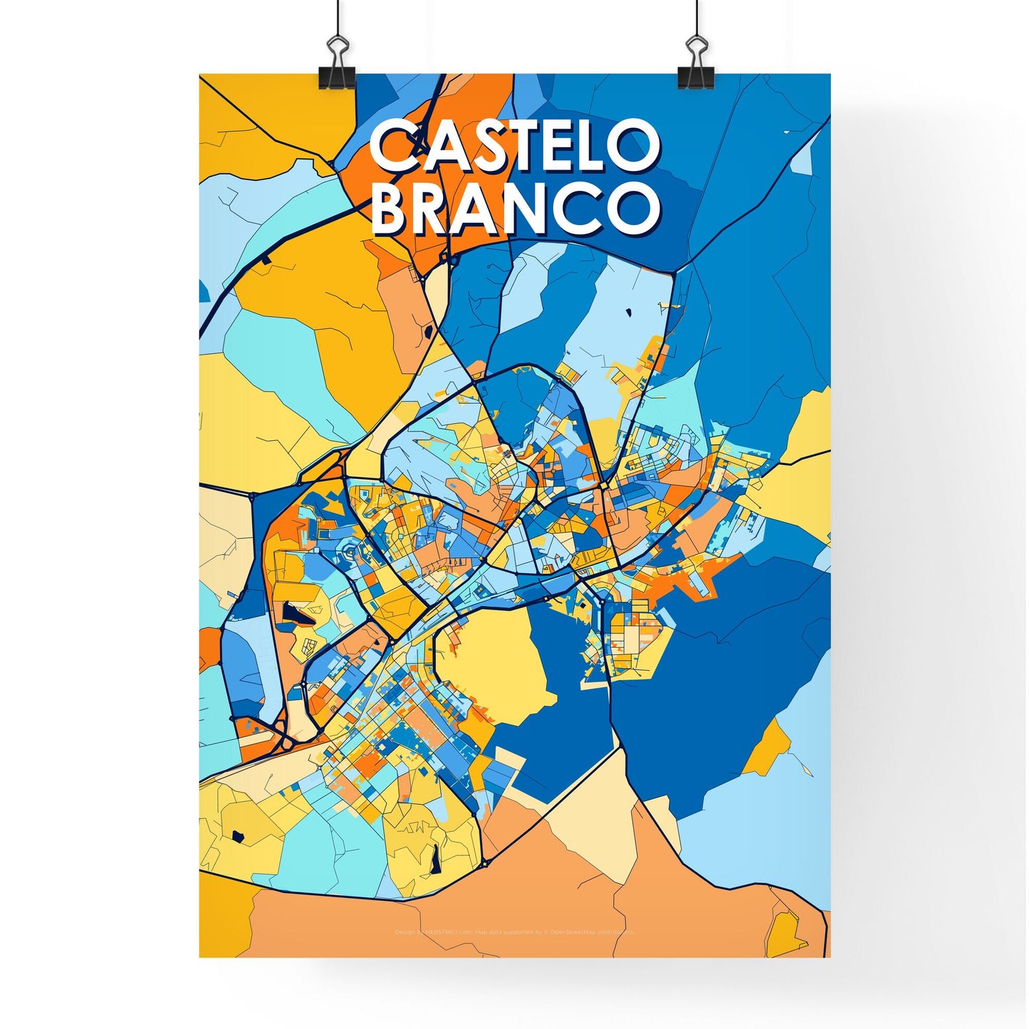 CASTELO BRANCO PORTUGAL Vibrant Colorful Art Map Poster Blue Orange