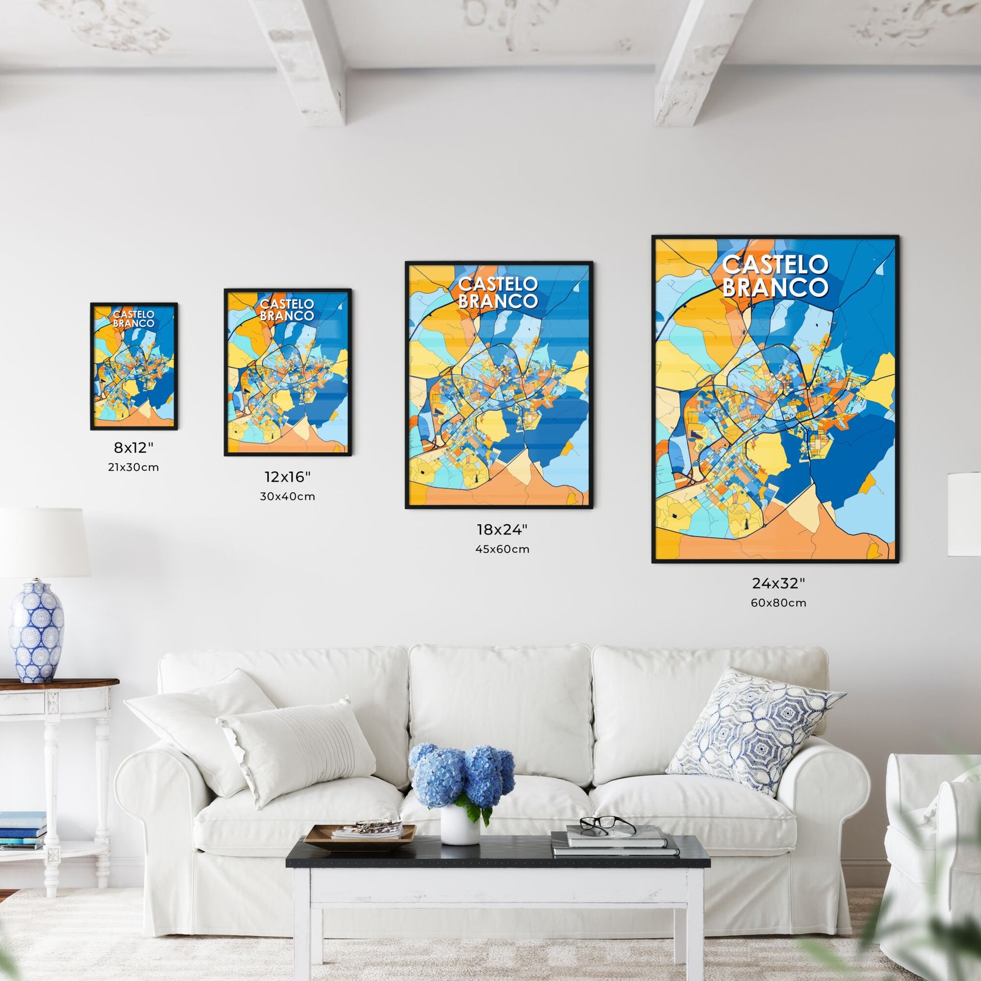 CASTELO BRANCO PORTUGAL Vibrant Colorful Art Map Poster Blue Orange