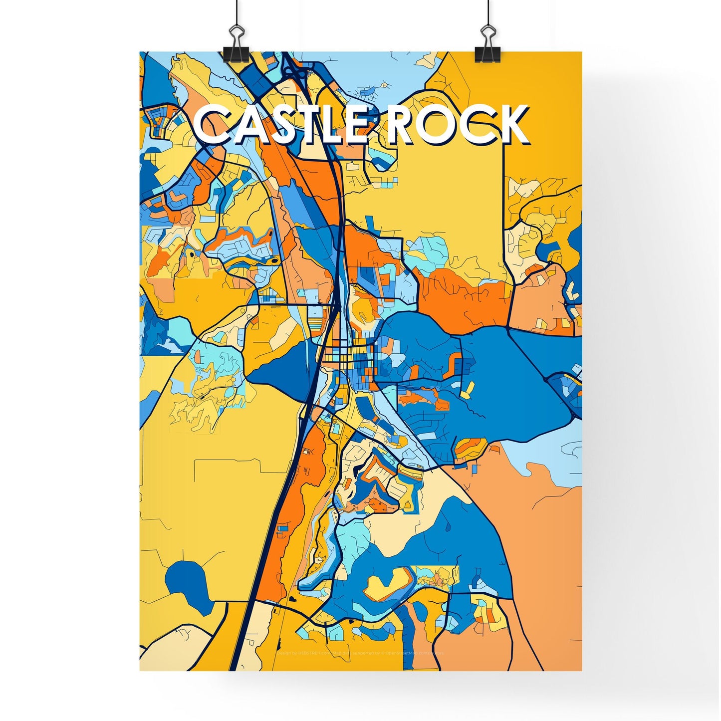 CASTLE ROCK COLORADO Vibrant Colorful Art Map Poster Blue Orange