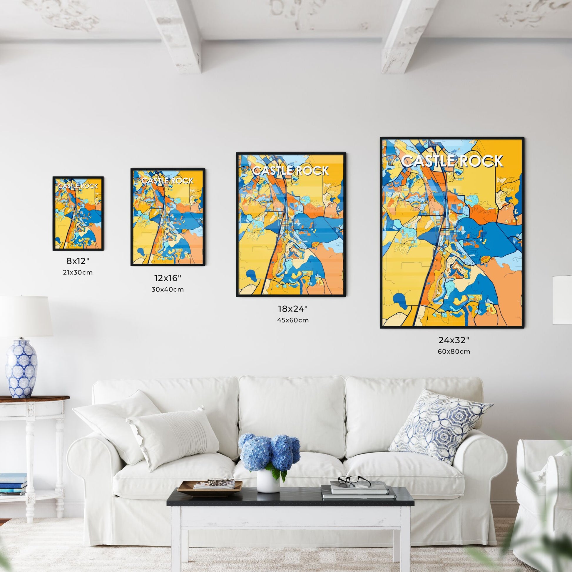 CASTLE ROCK COLORADO Vibrant Colorful Art Map Poster Blue Orange