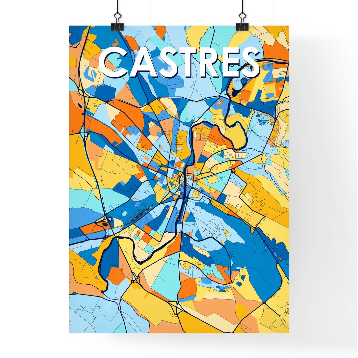 CASTRES FRANCE Vibrant Colorful Art Map Poster Blue Orange