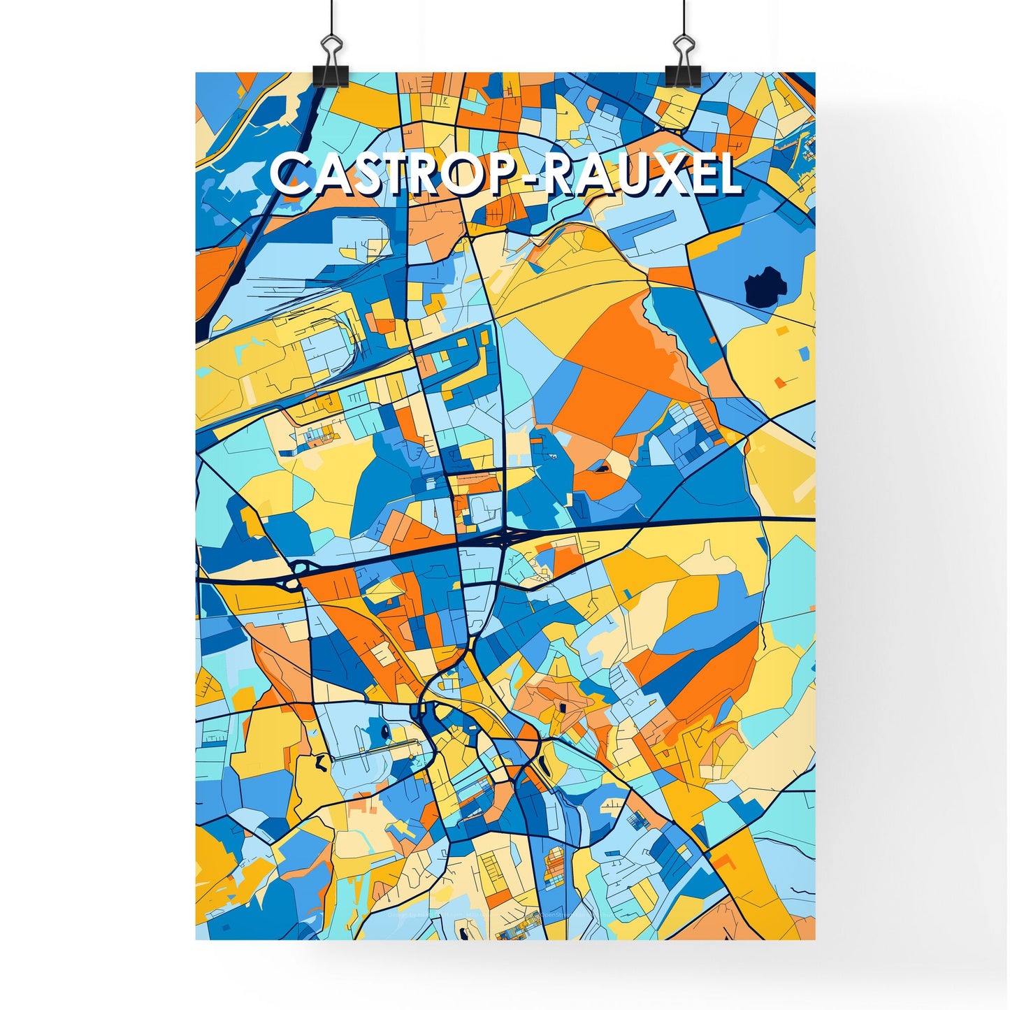 CASTROP-RAUXEL GERMANY Vibrant Colorful Art Map Poster Blue Orange