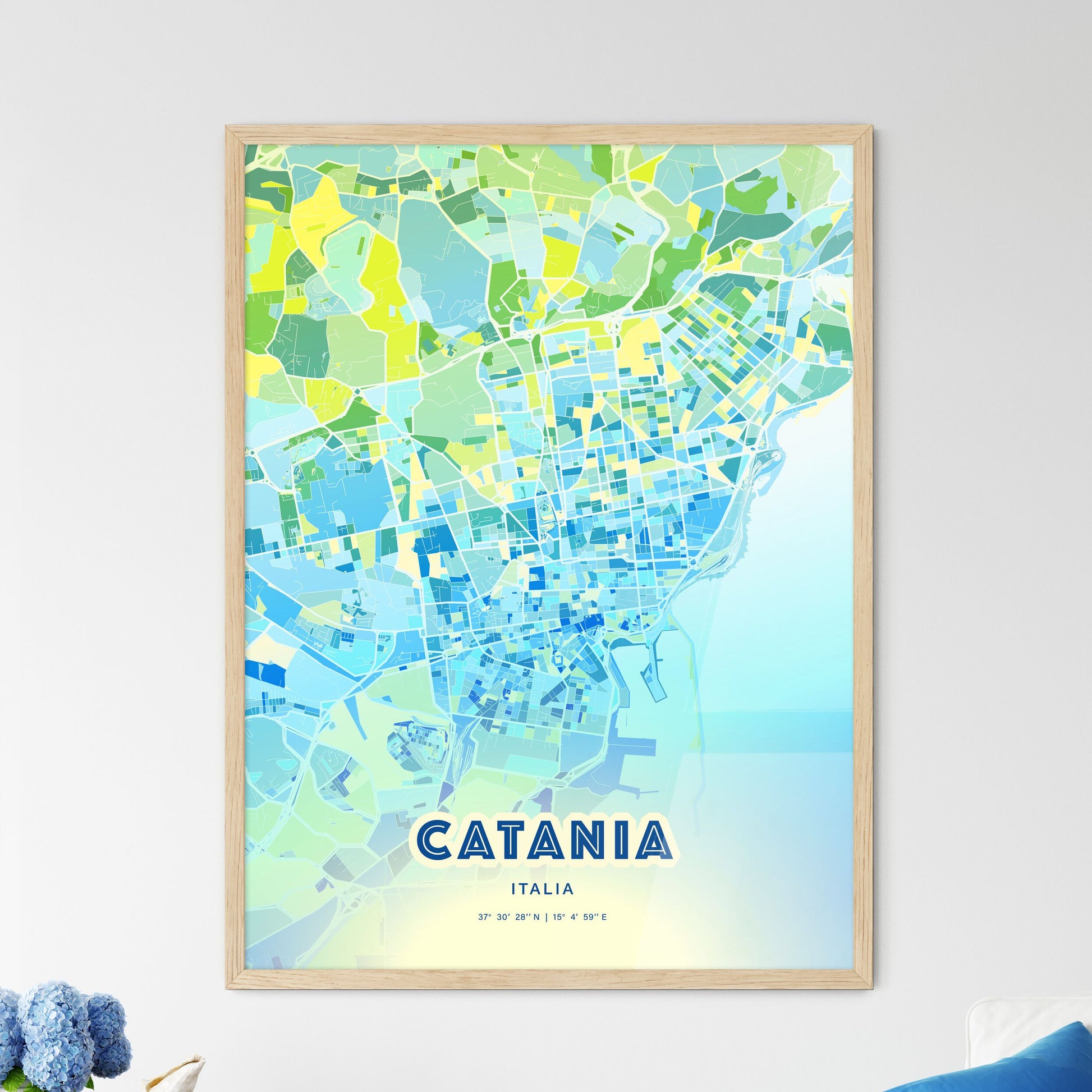 Colorful Catania Italy Fine Art Map Cool Blue