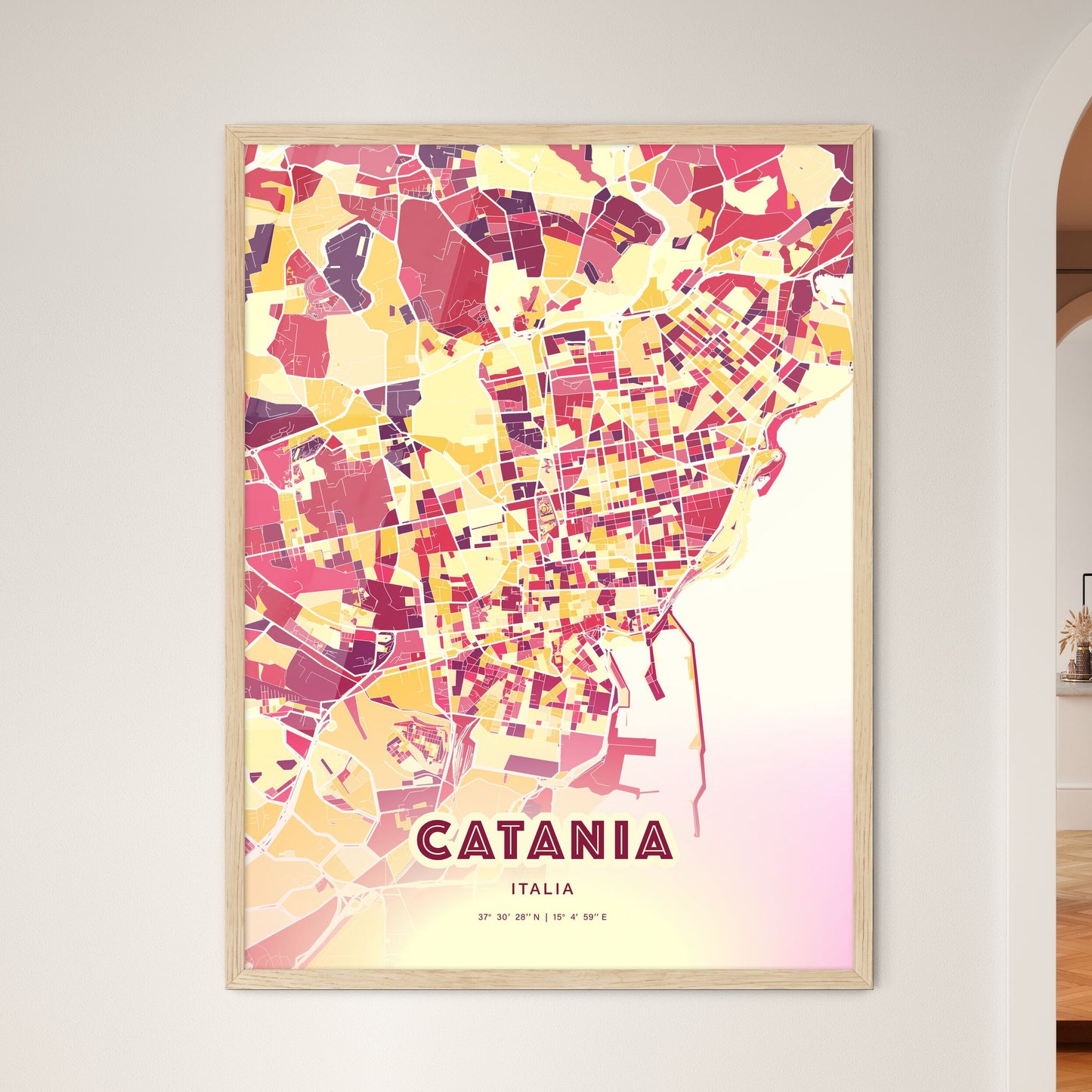 Colorful Catania Italy Fine Art Map Hot Red