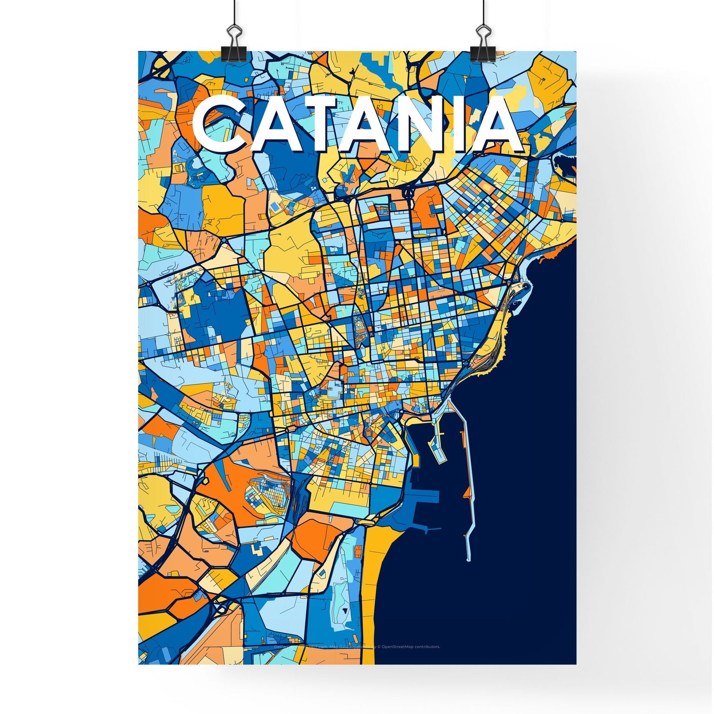 CATANIA ITALY Vibrant Colorful Art Map Poster Blue Orange