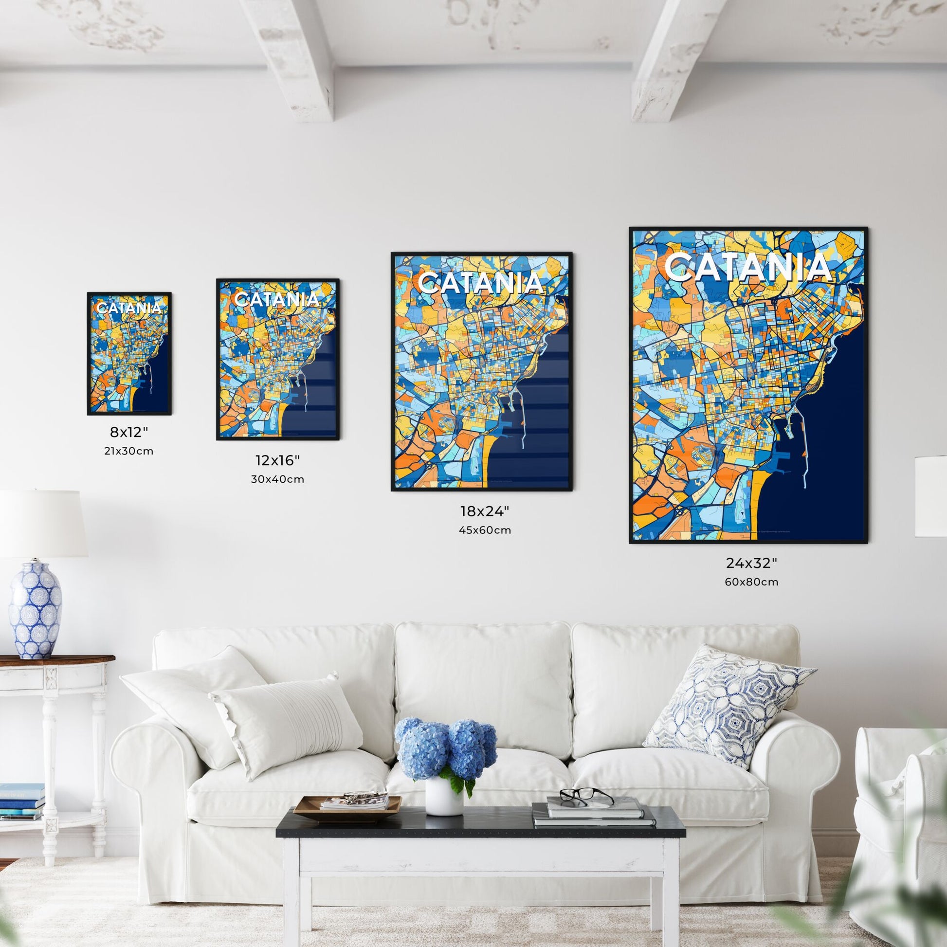 CATANIA ITALY Vibrant Colorful Art Map Poster Blue Orange