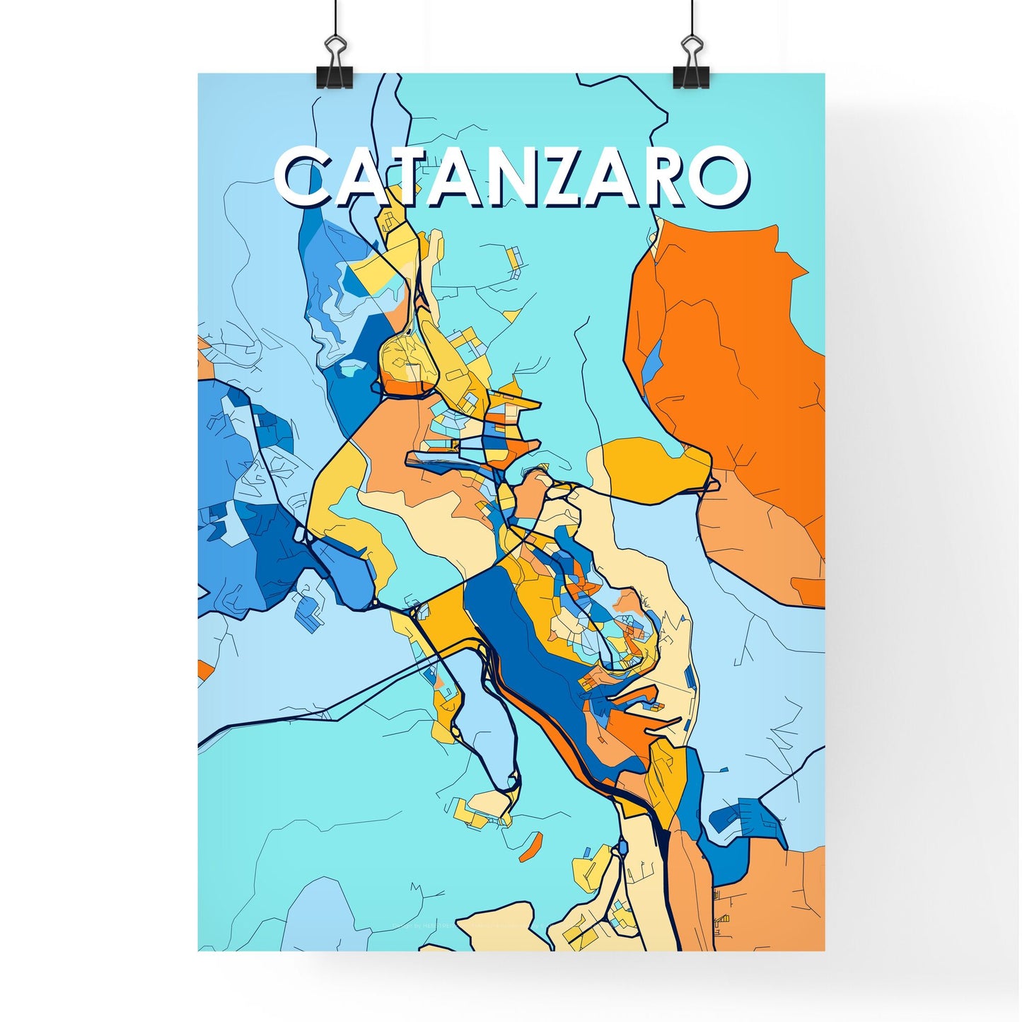 CATANZARO ITALY Vibrant Colorful Art Map Poster Blue Orange