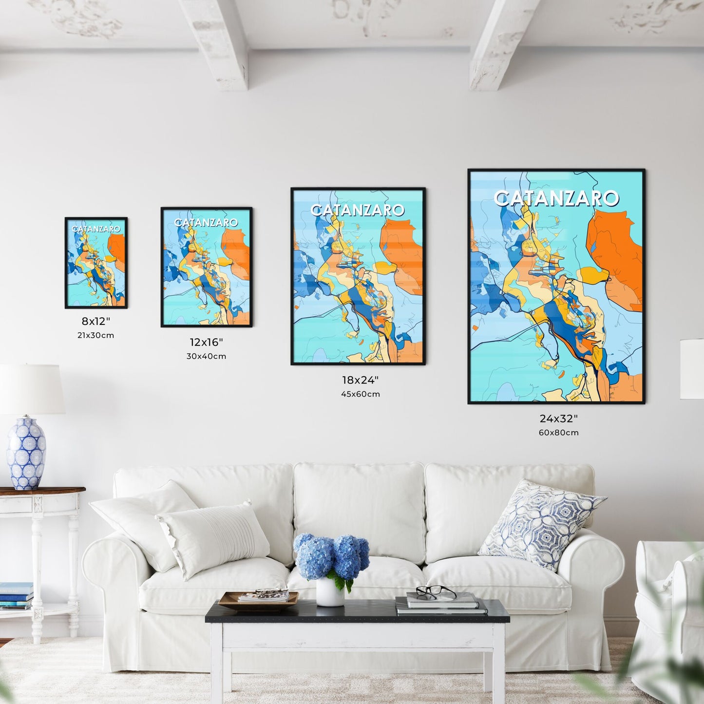 CATANZARO ITALY Vibrant Colorful Art Map Poster Blue Orange