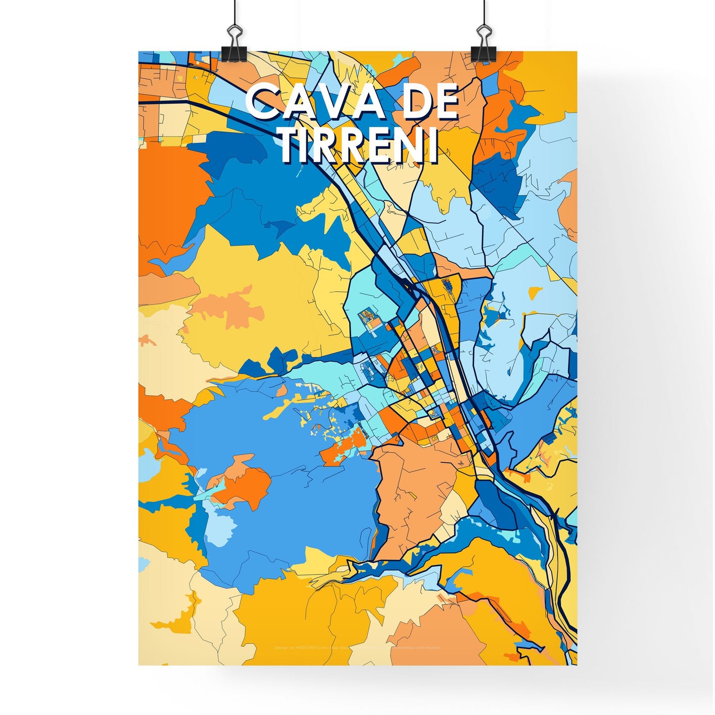 CAVA DE TIRRENI ITALY Vibrant Colorful Art Map Poster Blue Orange