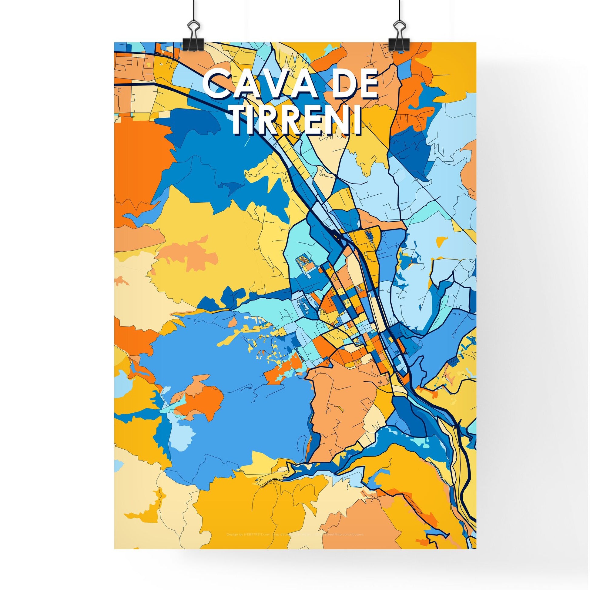 CAVA DE TIRRENI ITALY Vibrant Colorful Art Map Poster Blue Orange