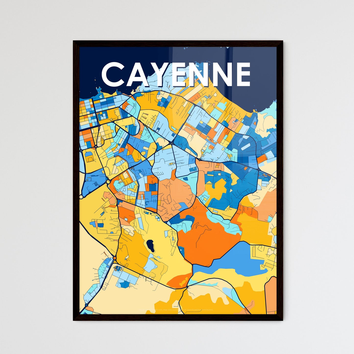 CAYENNE FRANCE Vibrant Colorful Art Map Poster Blue Orange