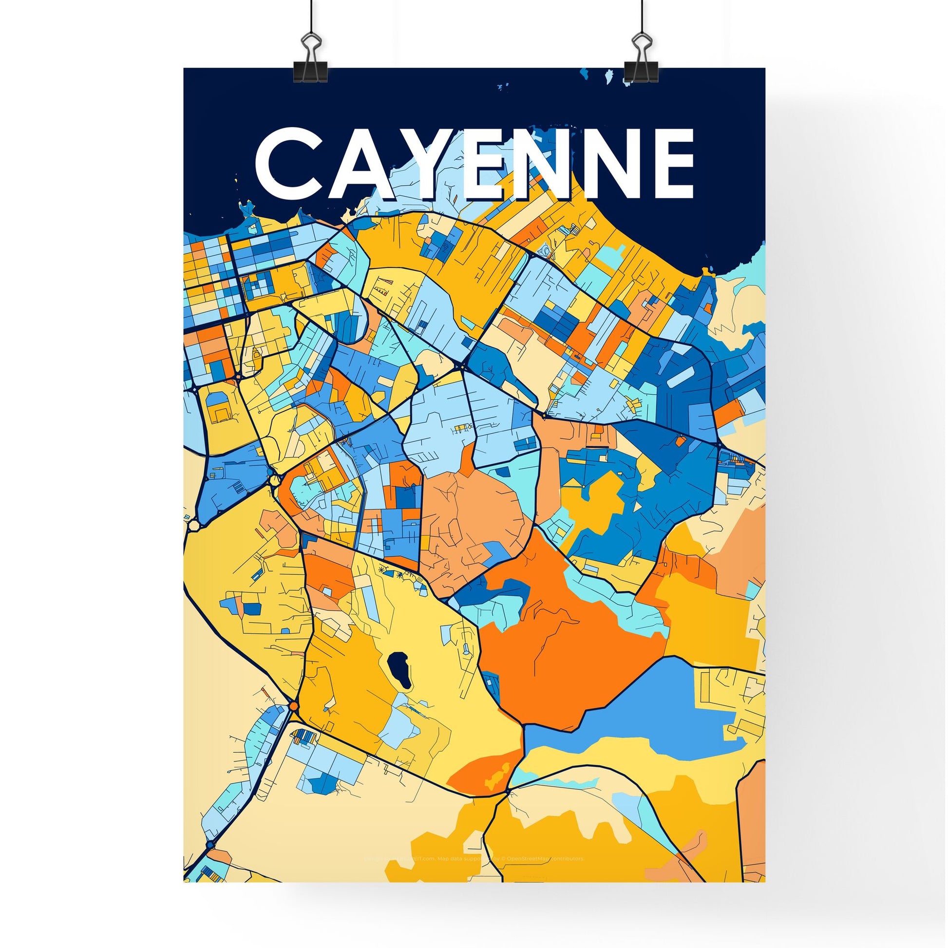 CAYENNE FRANCE Vibrant Colorful Art Map Poster Blue Orange