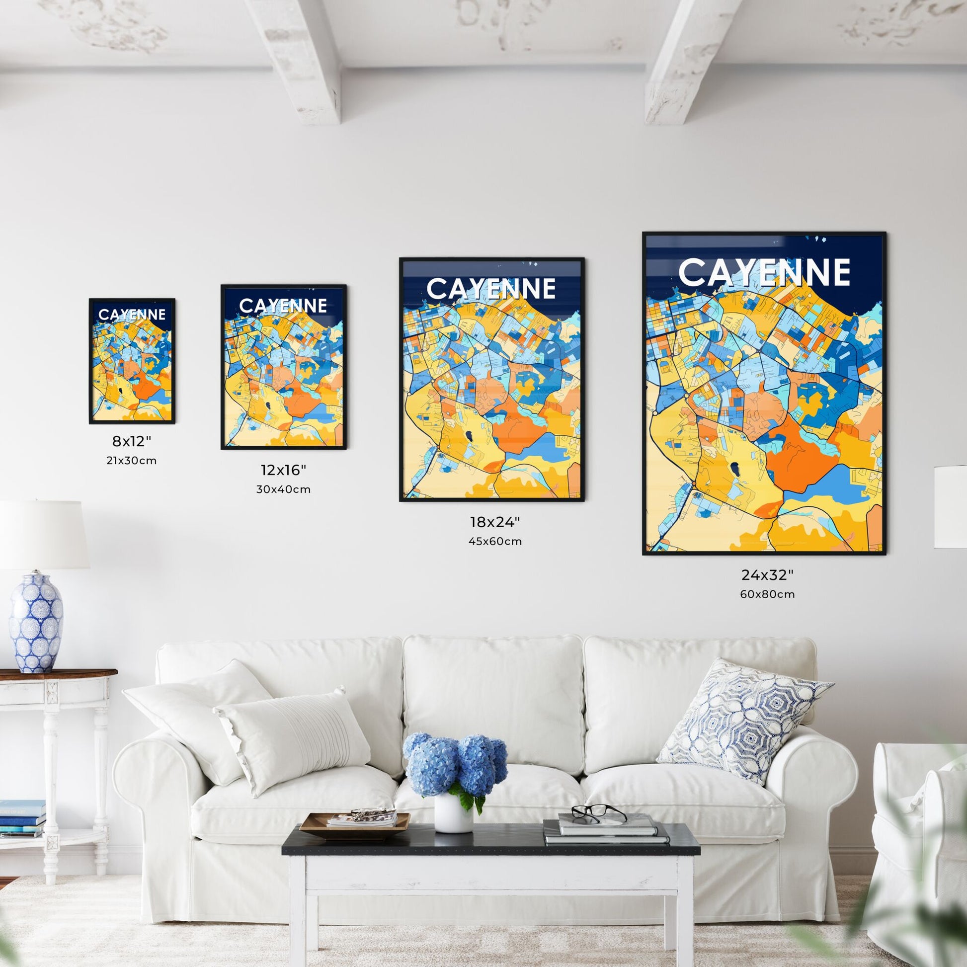 CAYENNE FRANCE Vibrant Colorful Art Map Poster Blue Orange