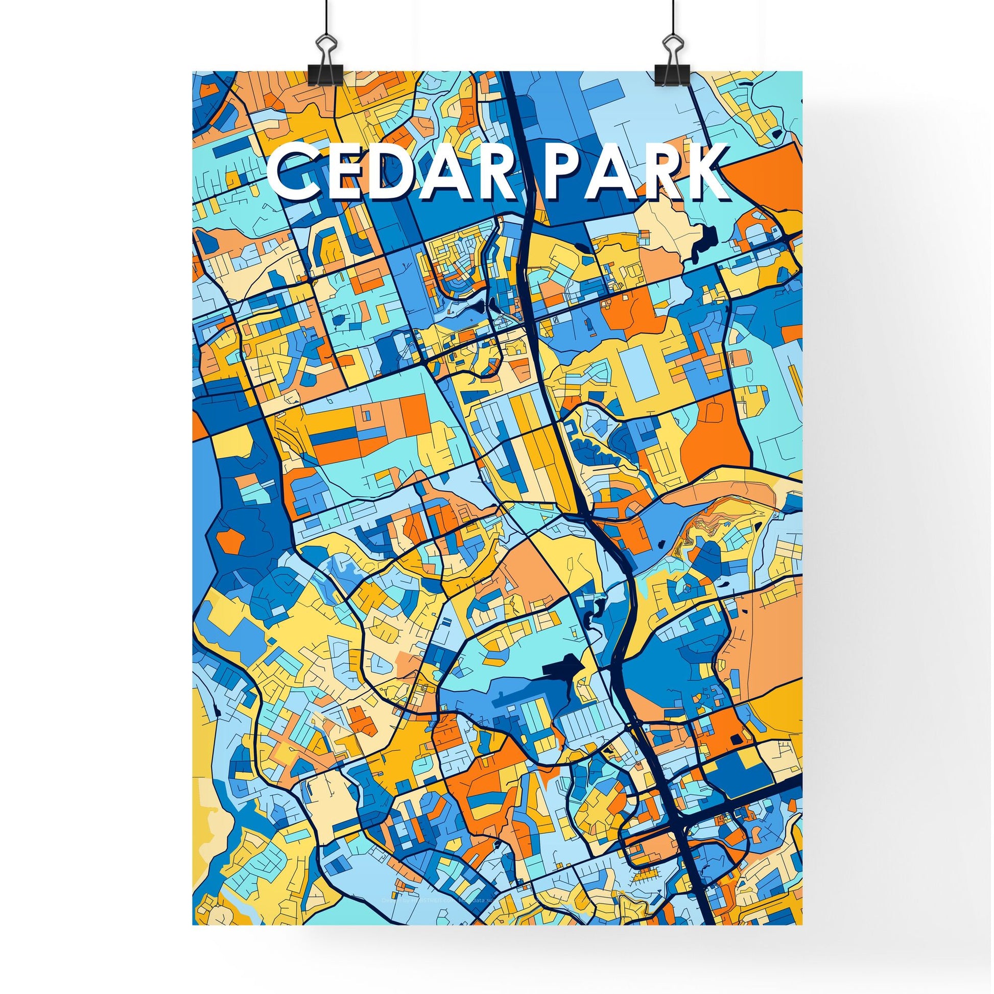 CEDAR PARK TEXAS Vibrant Colorful Art Map Poster Blue Orange