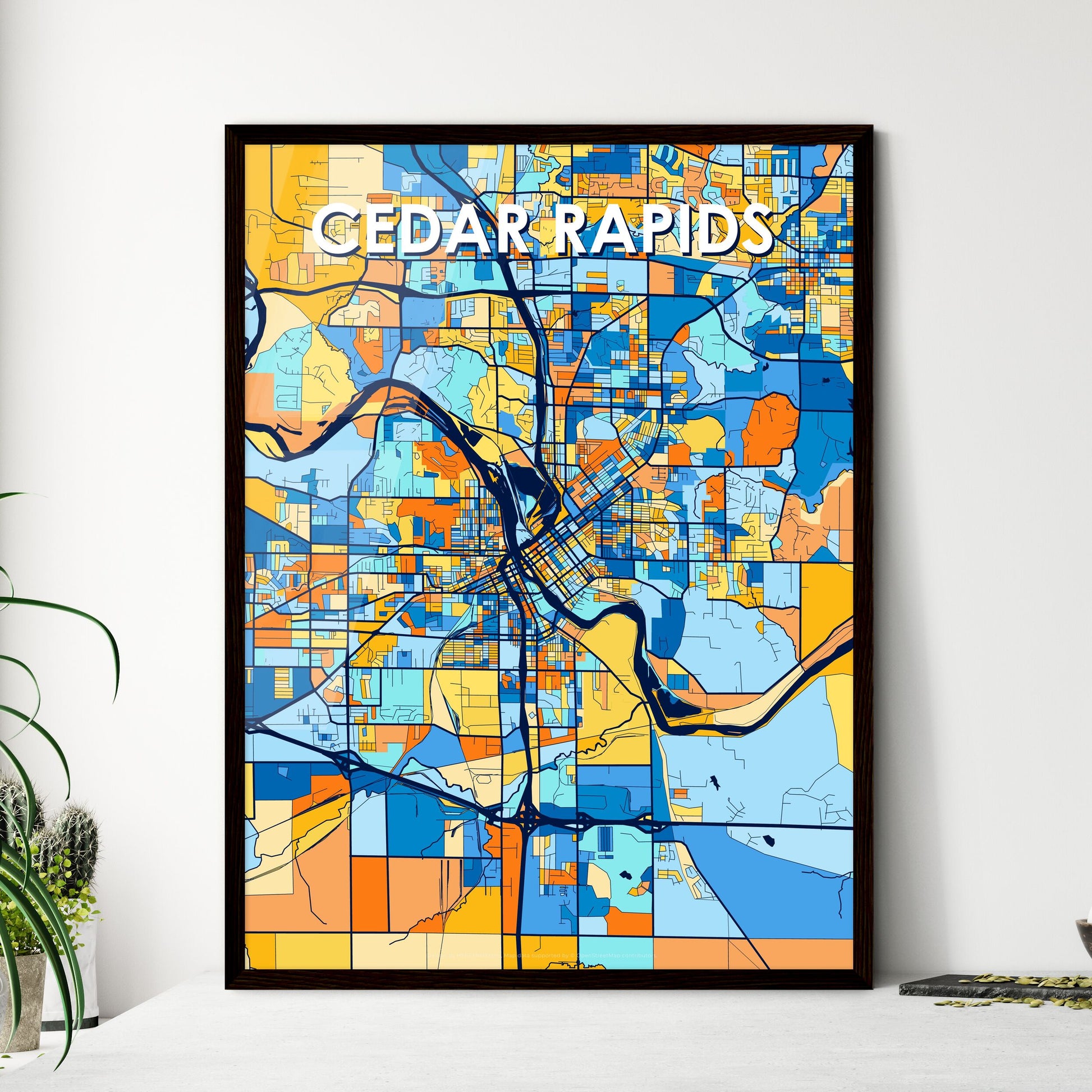 CEDAR RAPIDS IOWA Vibrant Colorful Art Map Poster Blue Orange