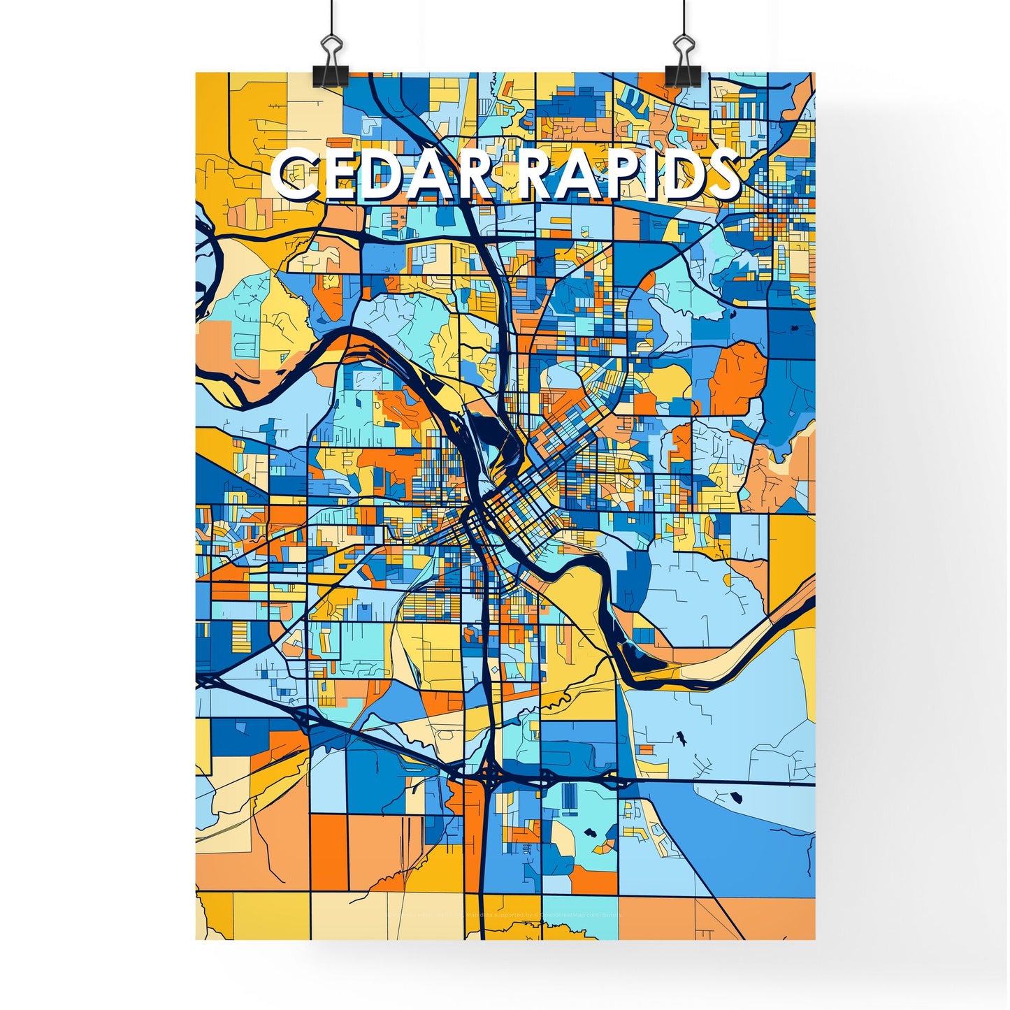 CEDAR RAPIDS IOWA Vibrant Colorful Art Map Poster Blue Orange