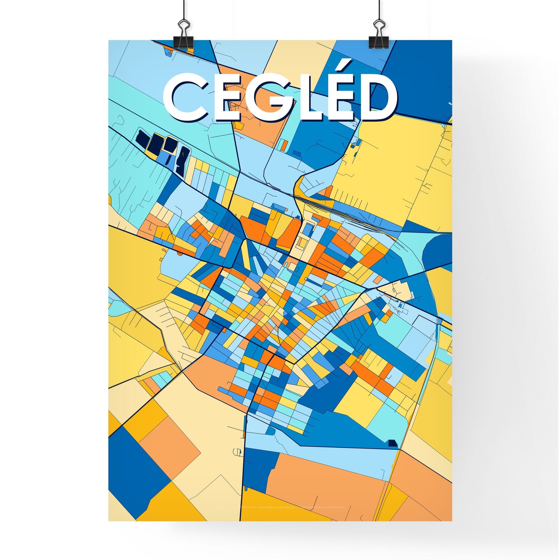 CEGLÉD HUNGARY Vibrant Colorful Art Map Poster Blue Orange