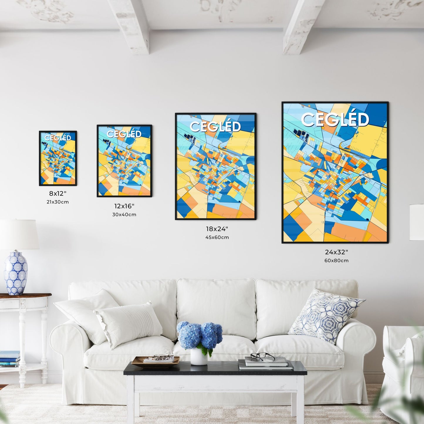 CEGLÉD HUNGARY Vibrant Colorful Art Map Poster Blue Orange