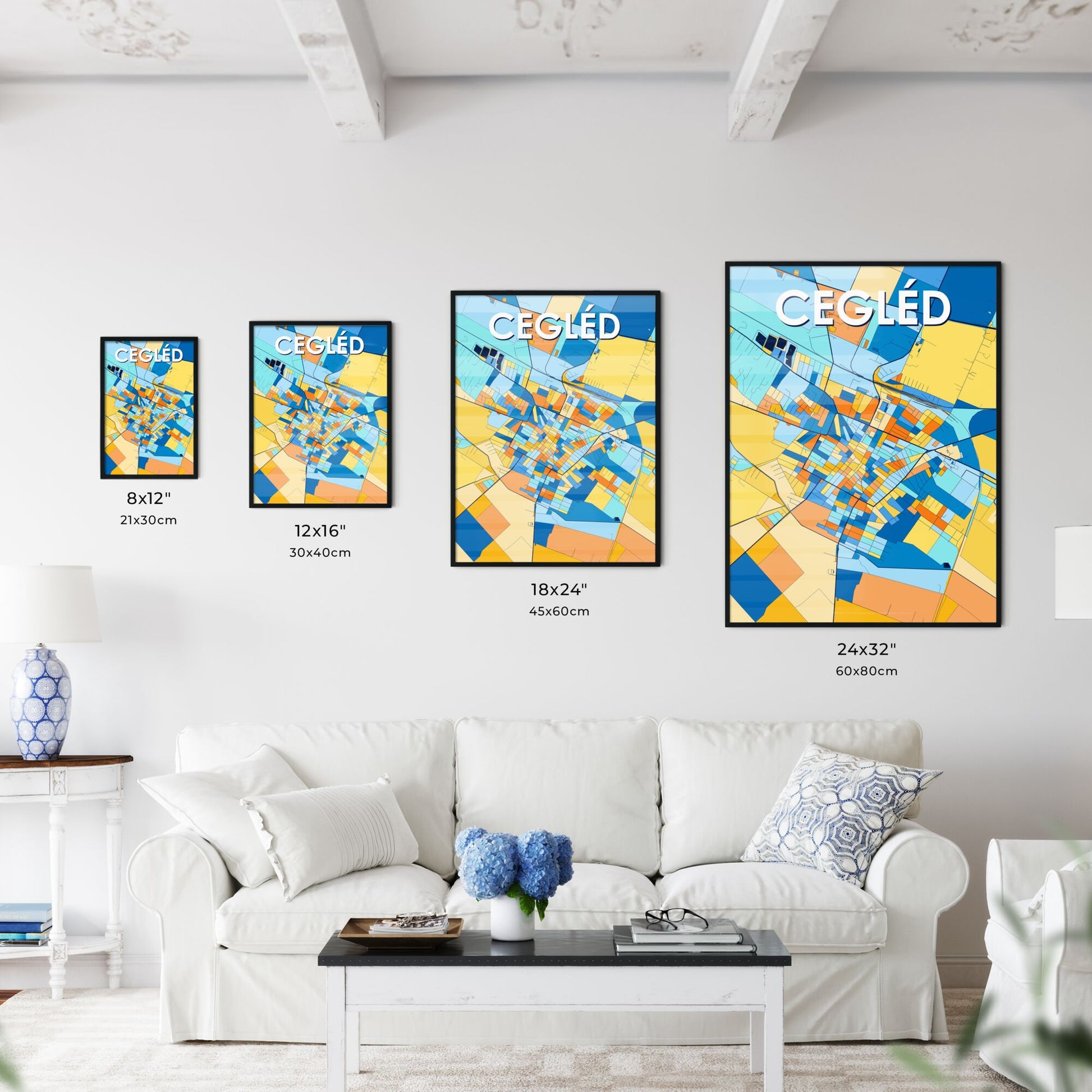 CEGLÉD HUNGARY Vibrant Colorful Art Map Poster Blue Orange