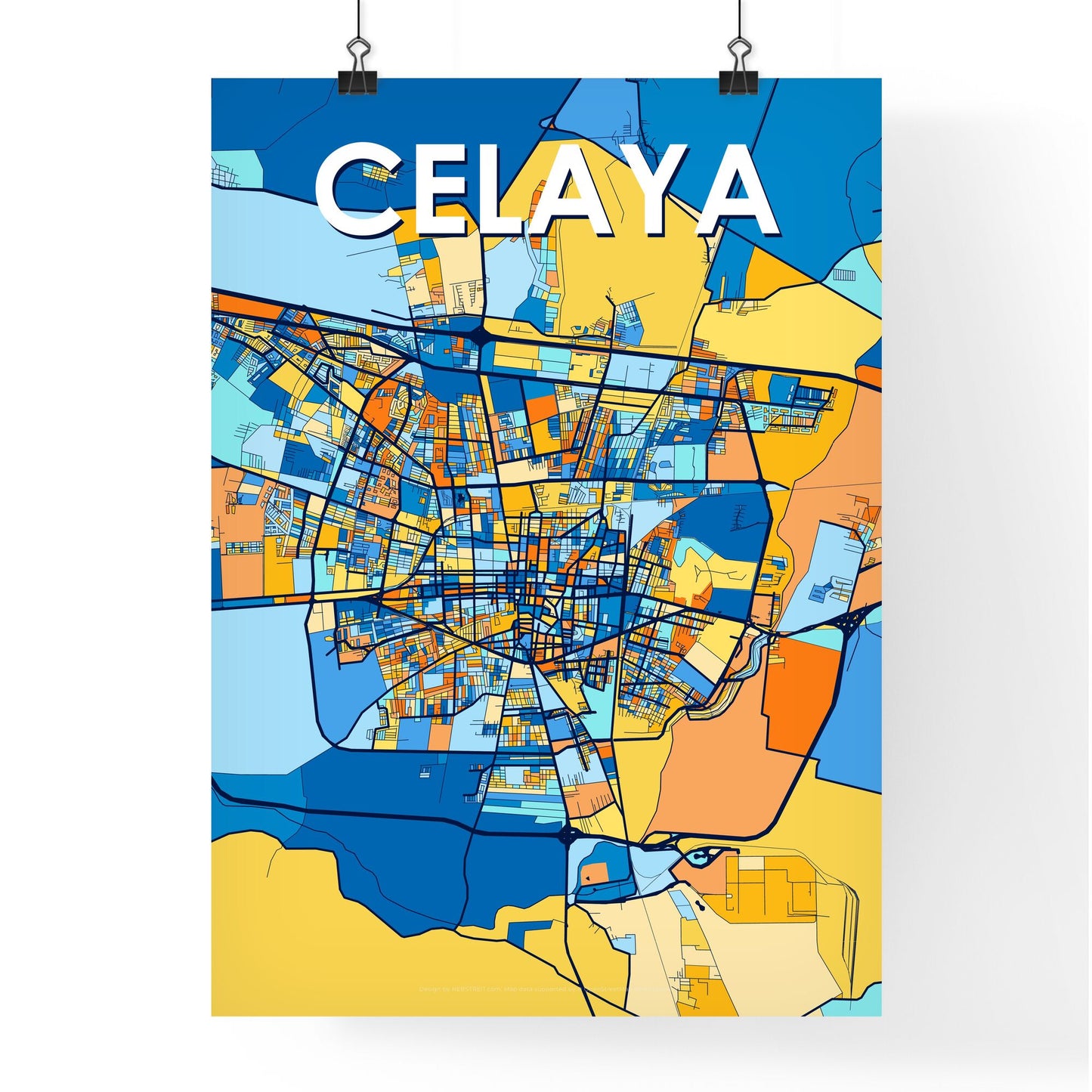 CELAYA MEXICO Vibrant Colorful Art Map Poster Blue Orange