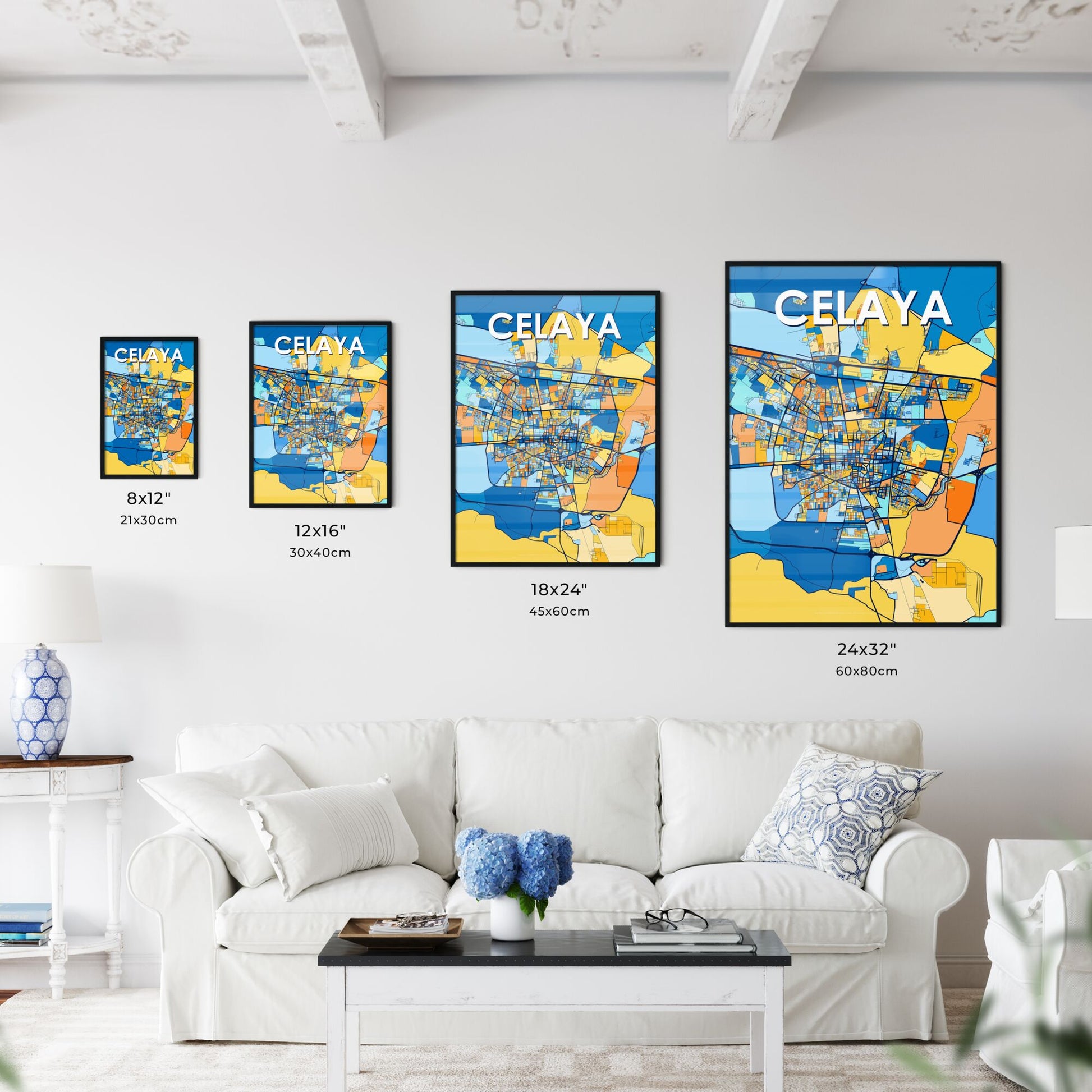 CELAYA MEXICO Vibrant Colorful Art Map Poster Blue Orange