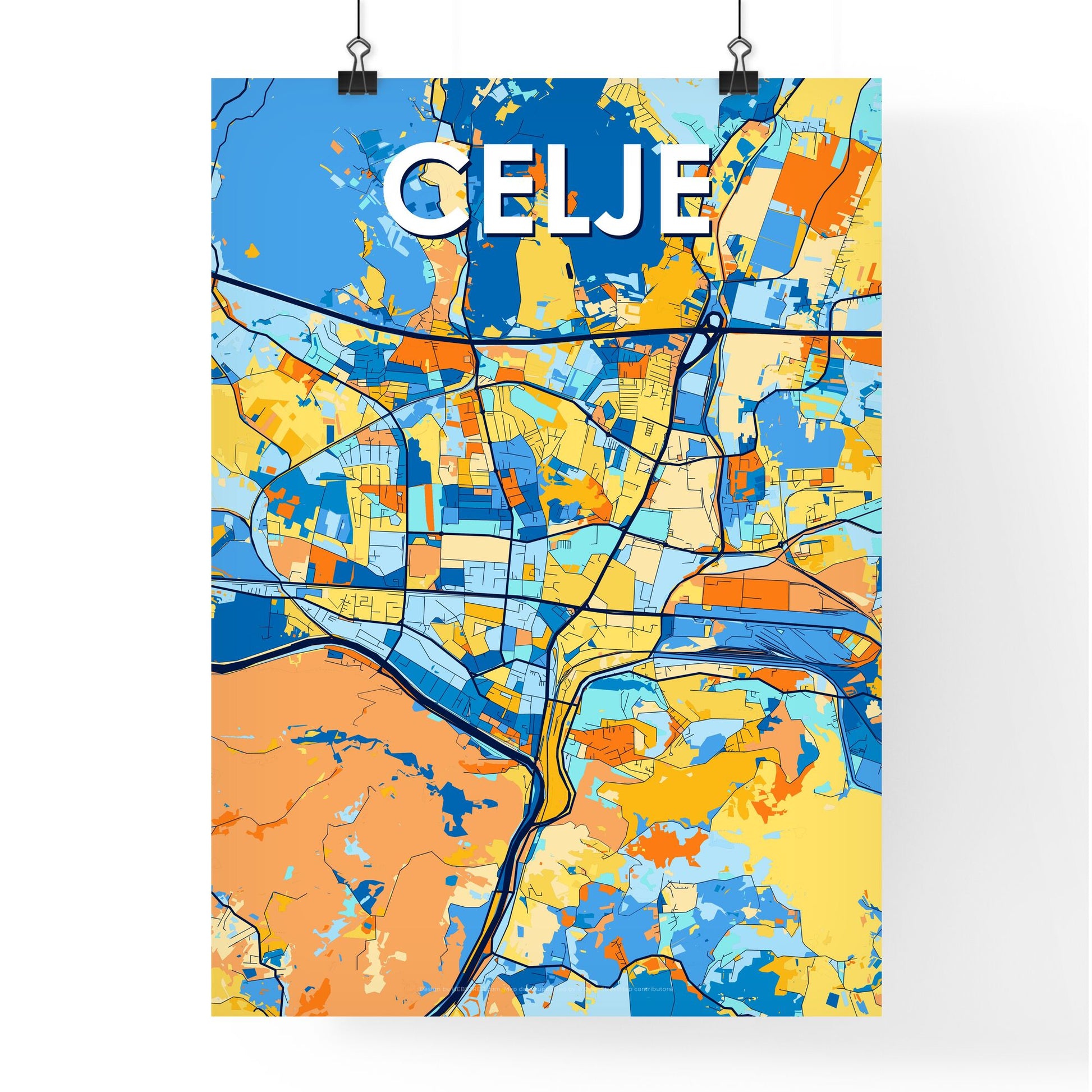 CELJE SLOVENIA Vibrant Colorful Art Map Poster Blue Orange