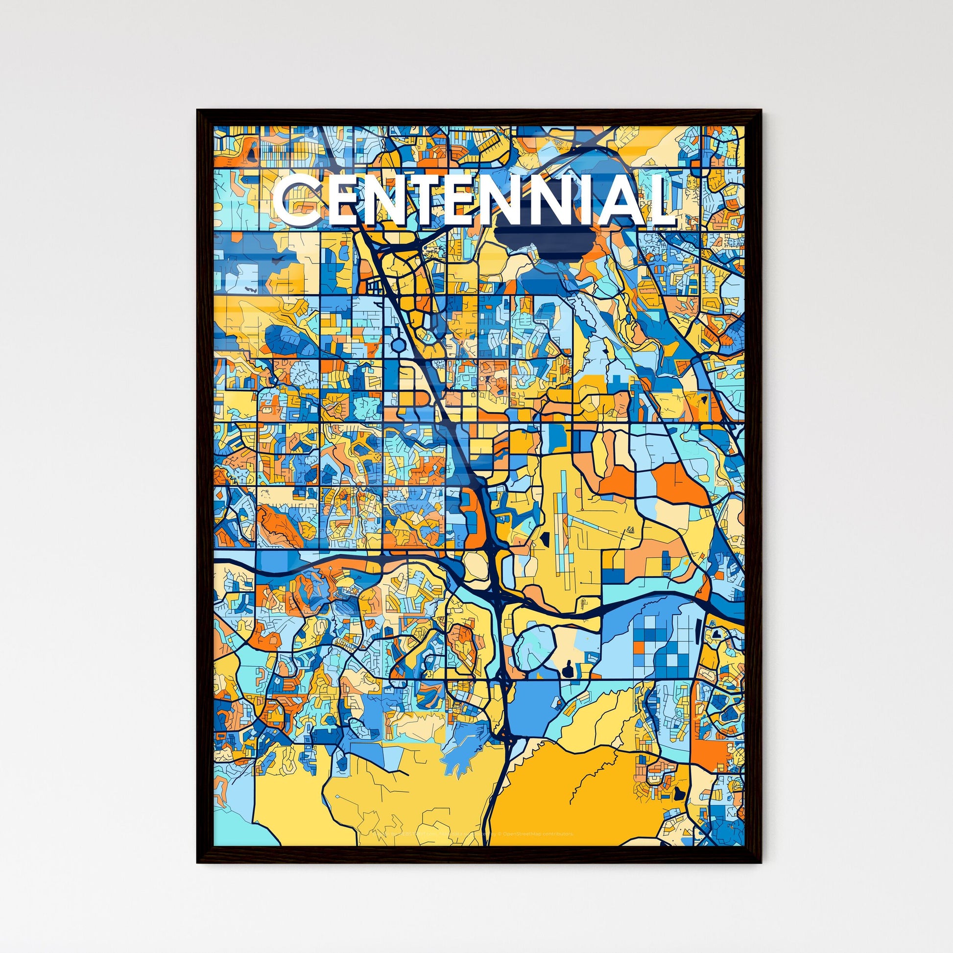 CENTENNIAL COLORADO Vibrant Colorful Art Map Poster Blue Orange