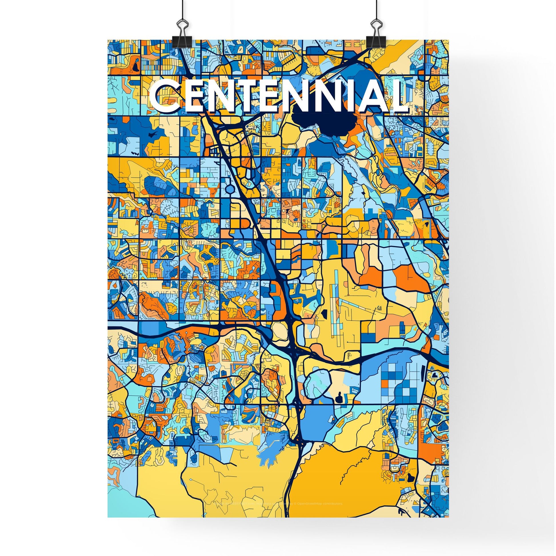 CENTENNIAL COLORADO Vibrant Colorful Art Map Poster Blue Orange