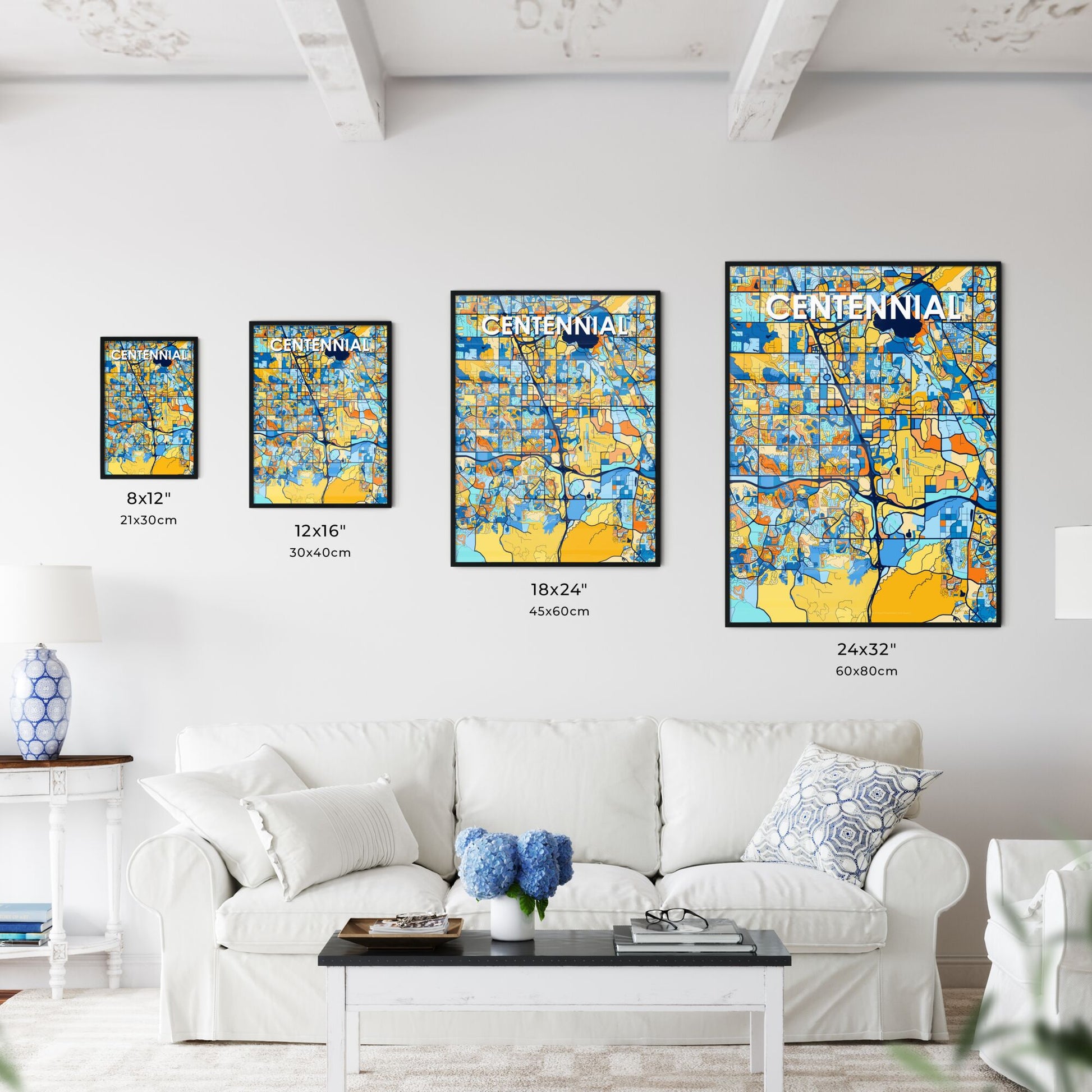 CENTENNIAL COLORADO Vibrant Colorful Art Map Poster Blue Orange